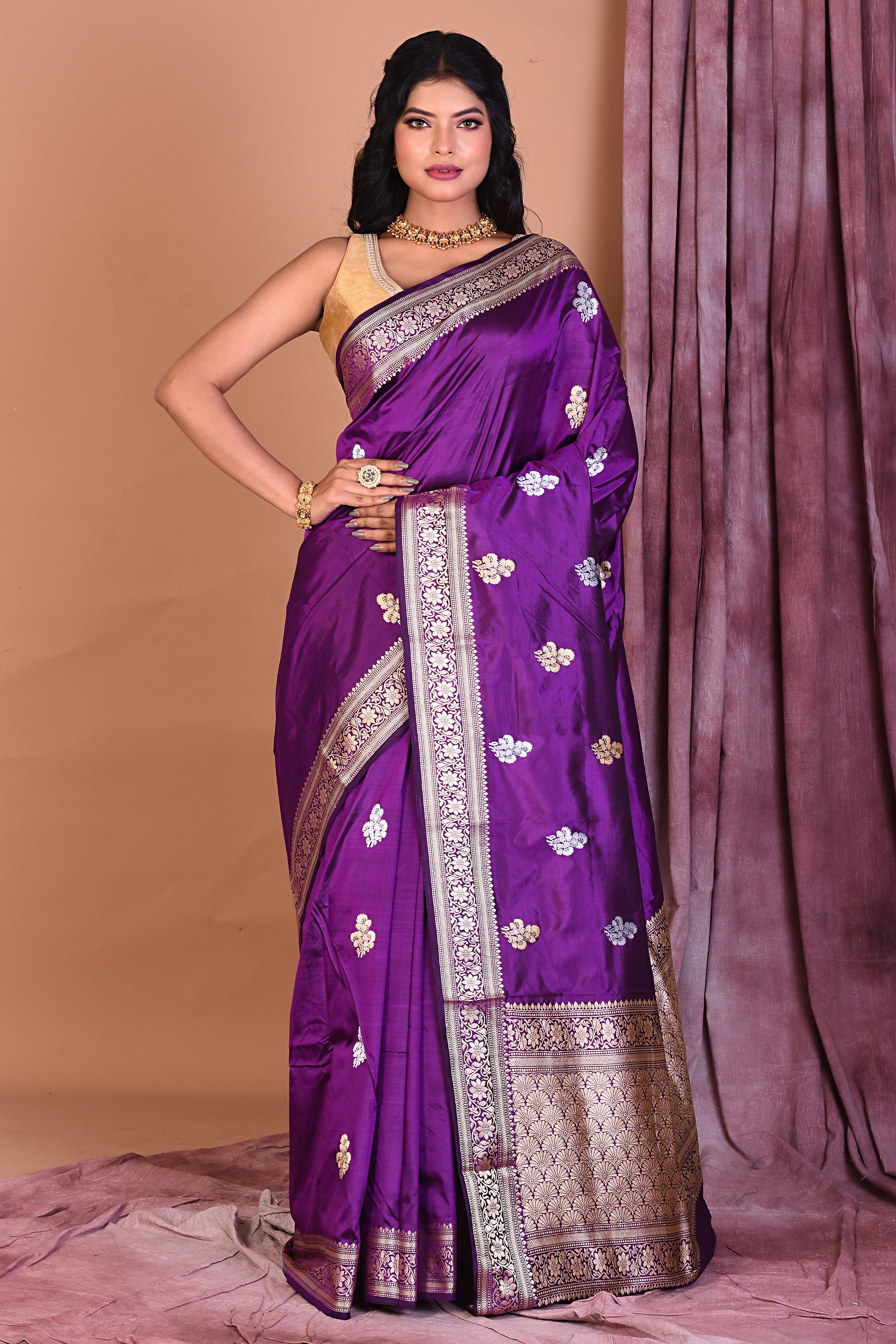 Purple Pure Katan Saree with Golden Zari - Keya Seth Exclusive