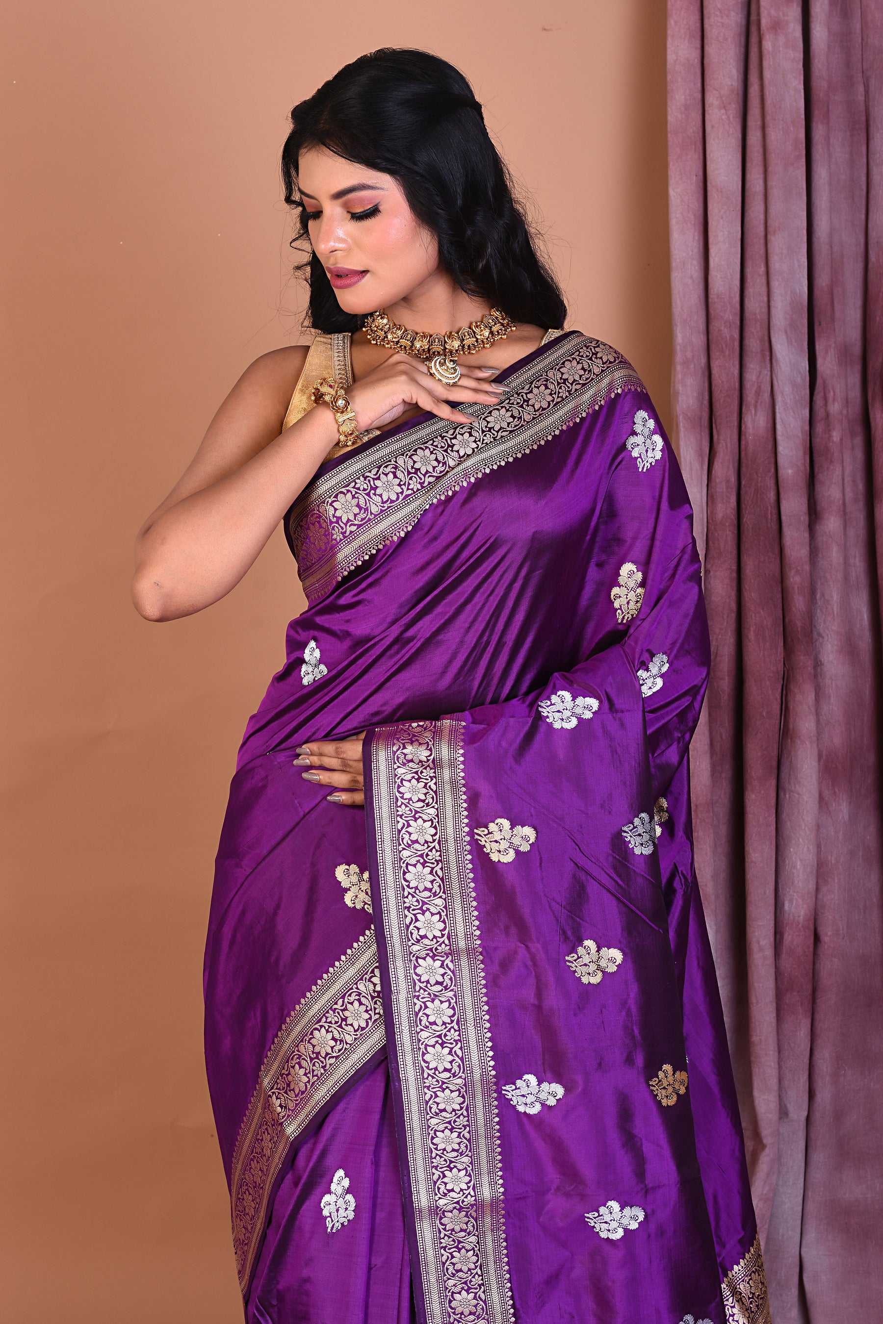 Purple Pure Katan Saree with Golden Zari - Keya Seth Exclusive