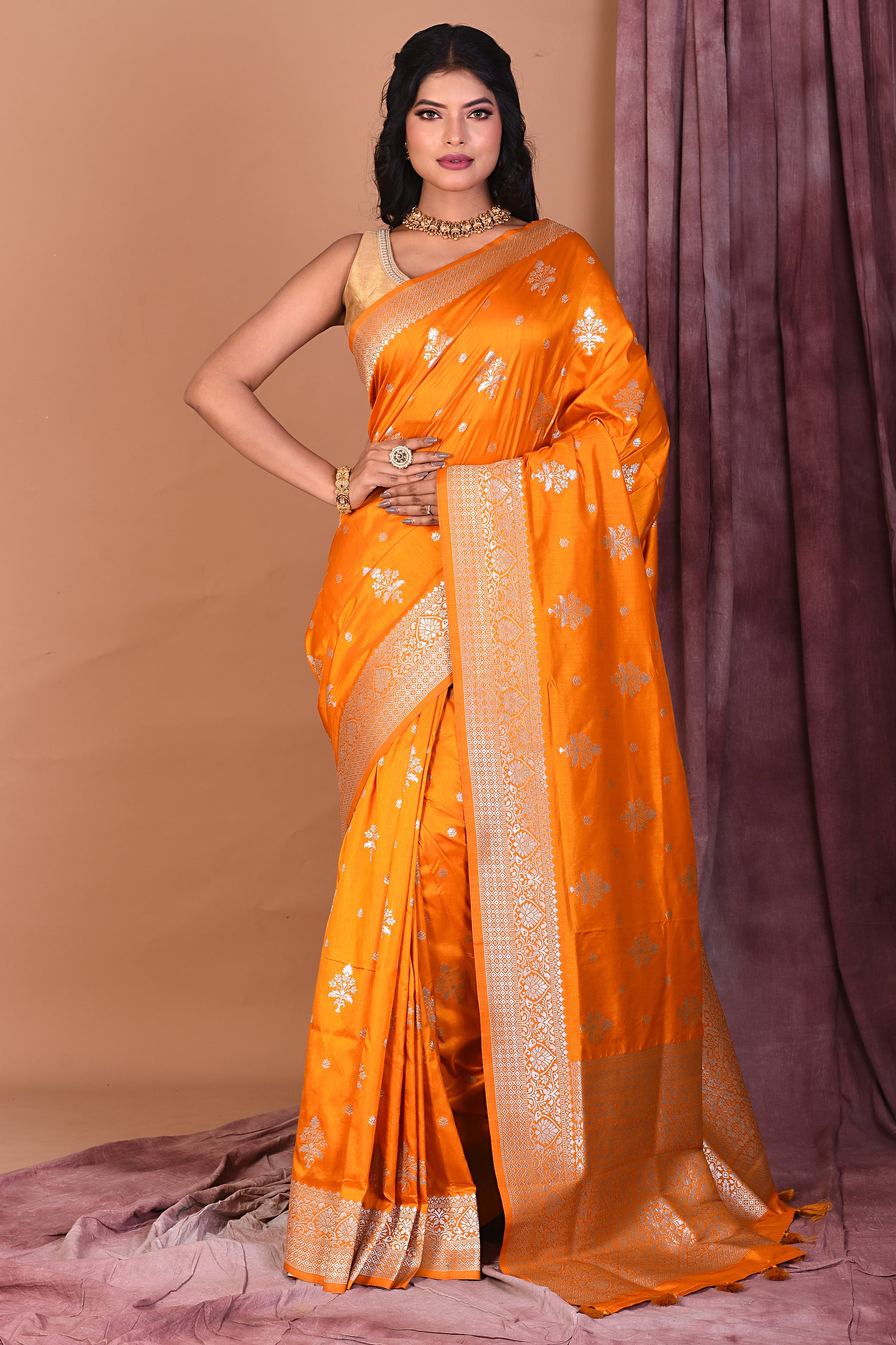 Mustard Blended Katan Saree with Golden Zari - Keya Seth Exclusive