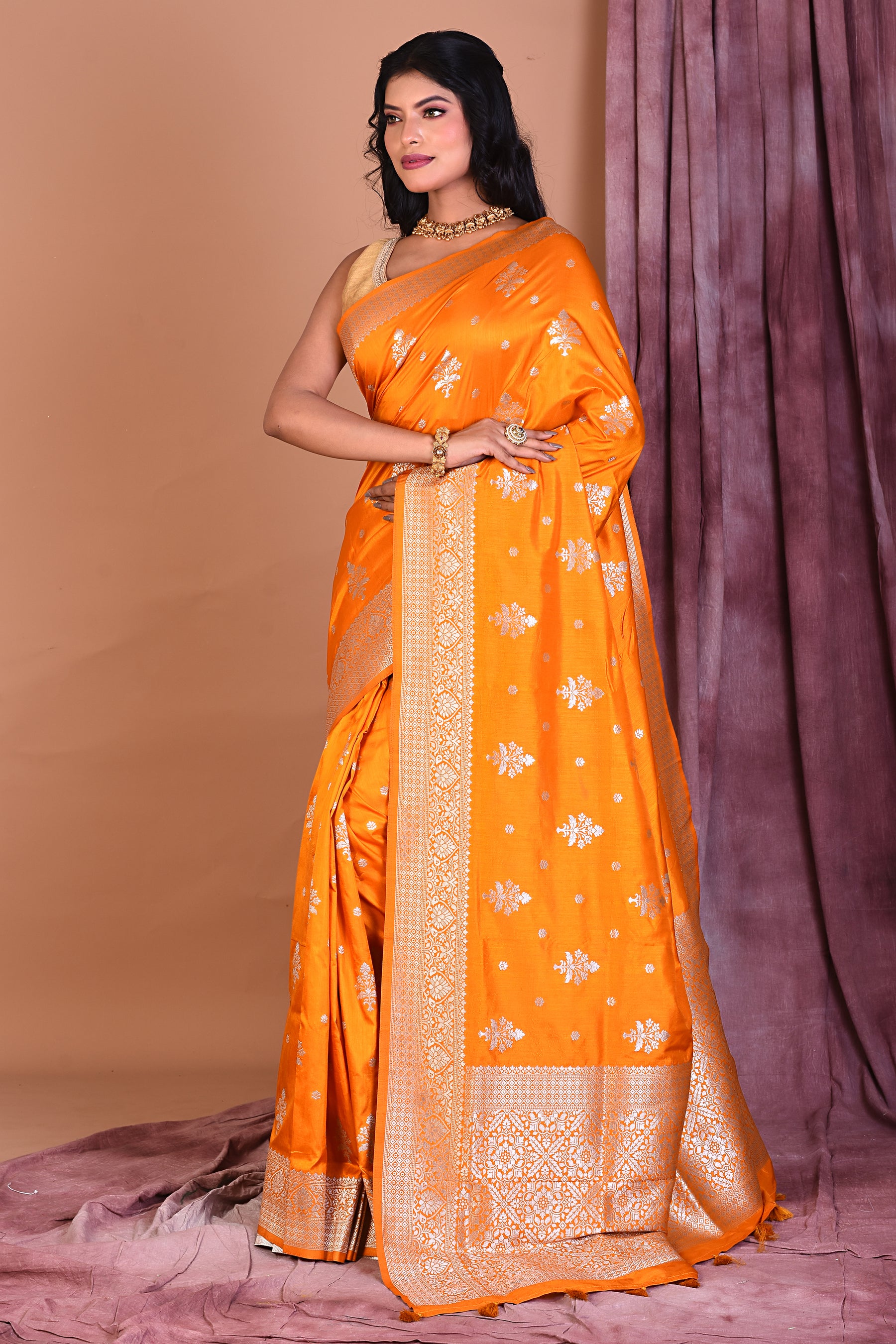 Mustard Blended Katan Saree with Golden Zari - Keya Seth Exclusive