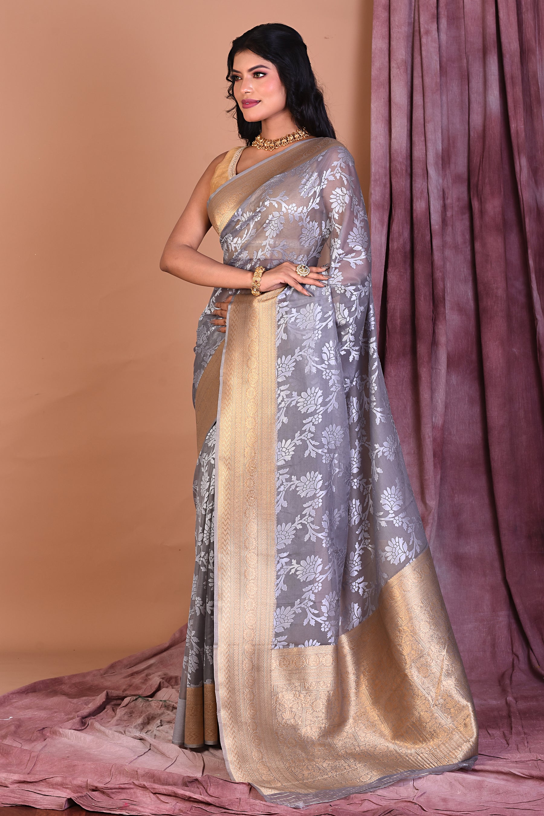 Grey Blended Organza Saree with Golden Zari - Keya Seth Exclusive