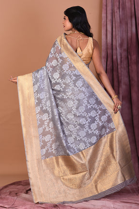 Grey Blended Organza Saree with Golden Zari - Keya Seth Exclusive