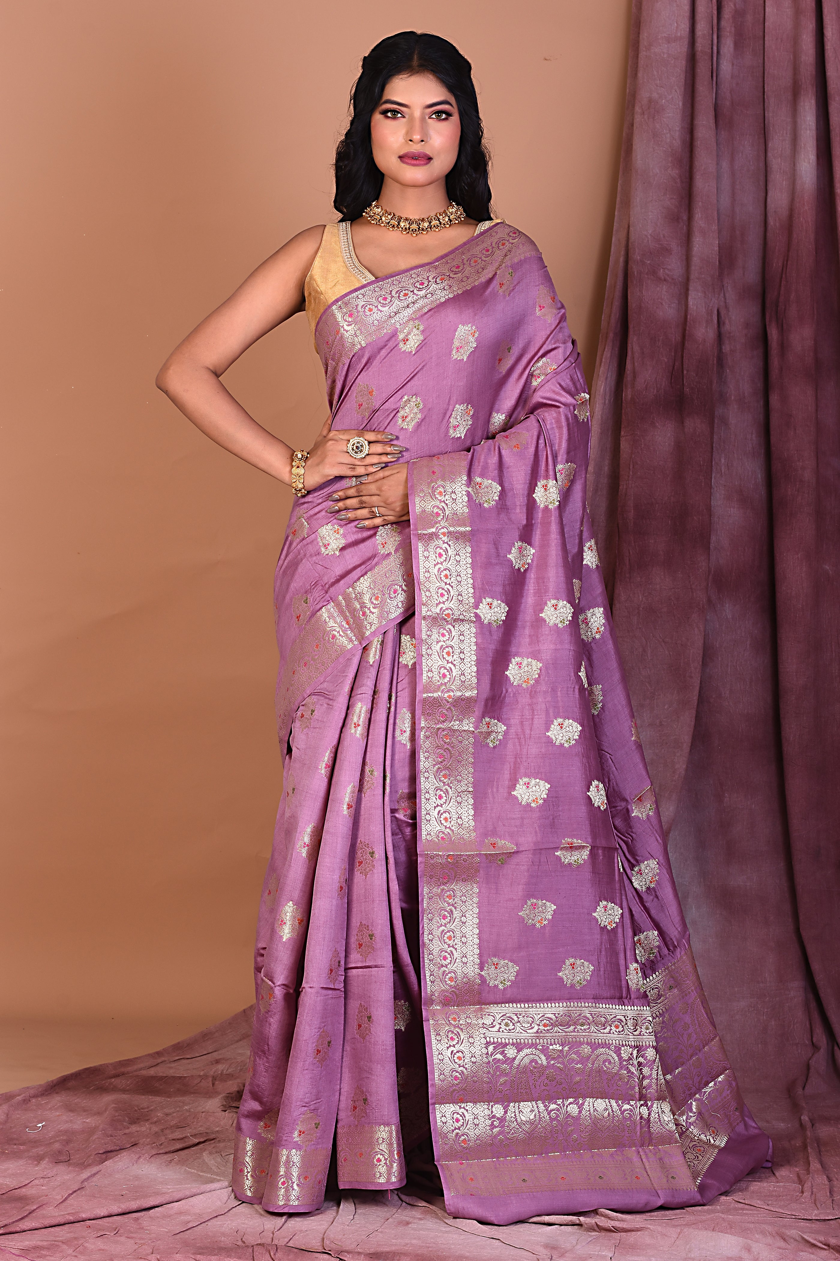 Purple Pure Chiniya Silk Saree with Golden Zari - Keya Seth Exclusive