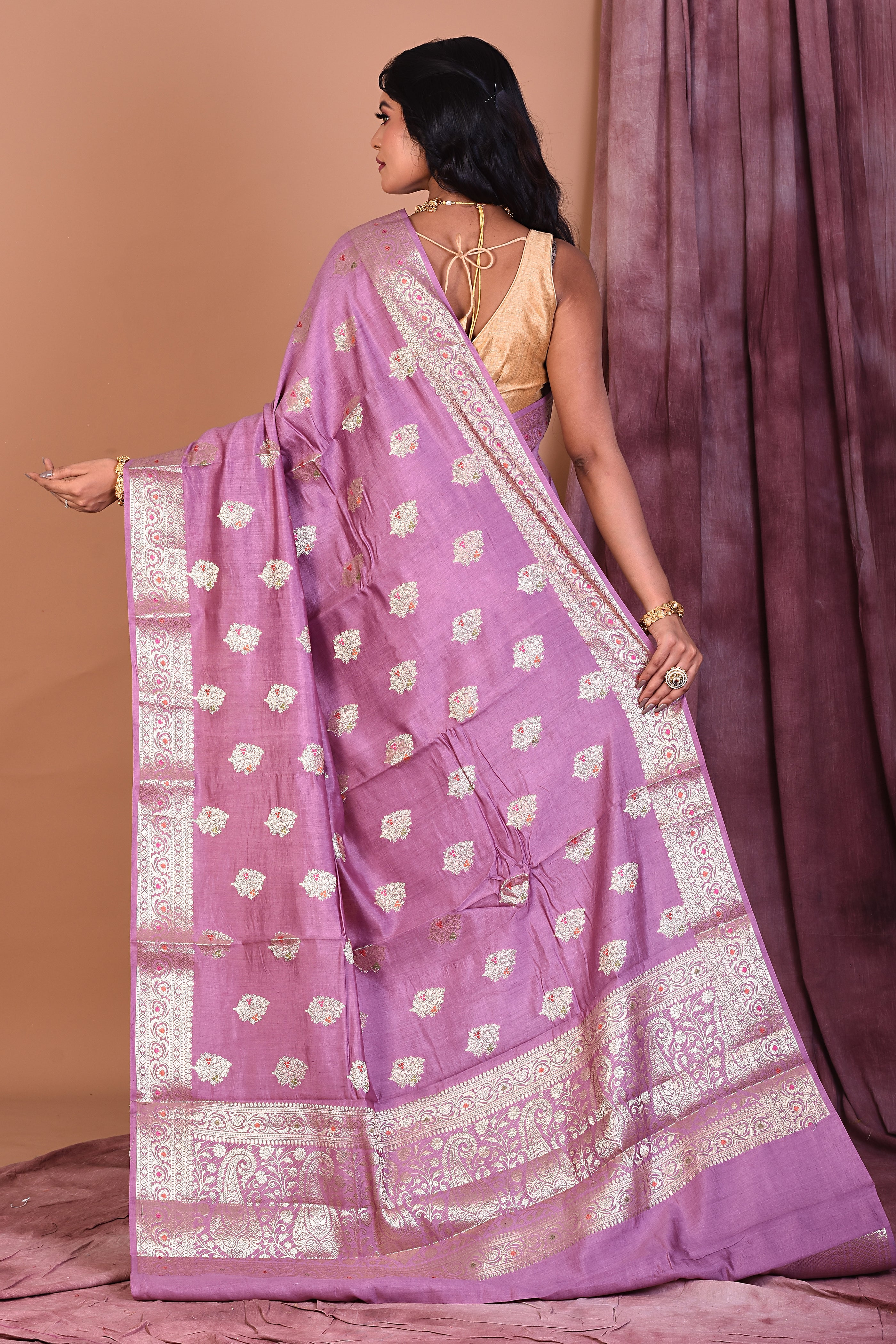 Purple Pure Chiniya Silk Saree with Golden Zari - Keya Seth Exclusive