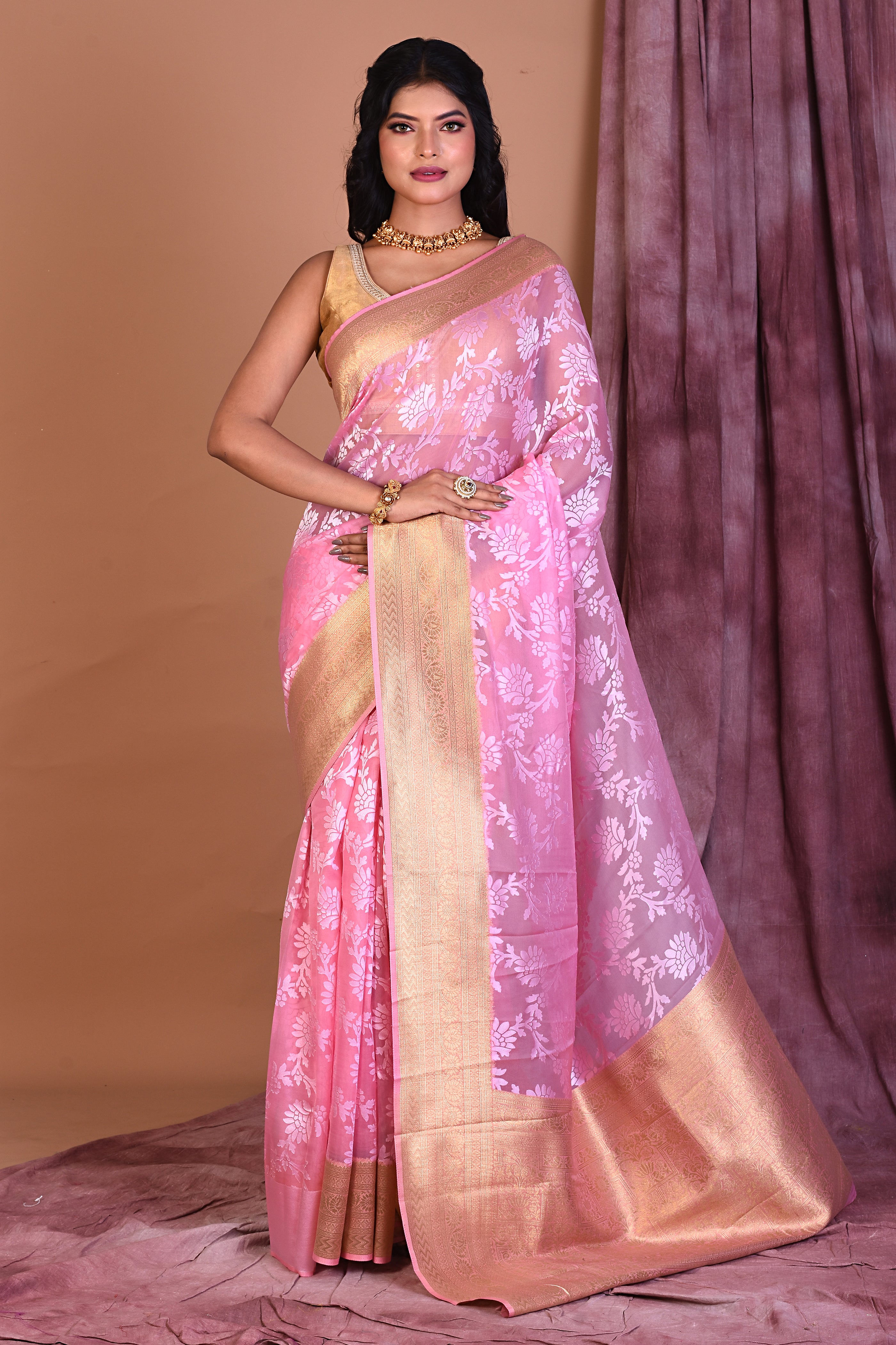 Light Pink Blended Organza Saree with Golden Zari - Keya Seth Exclusive