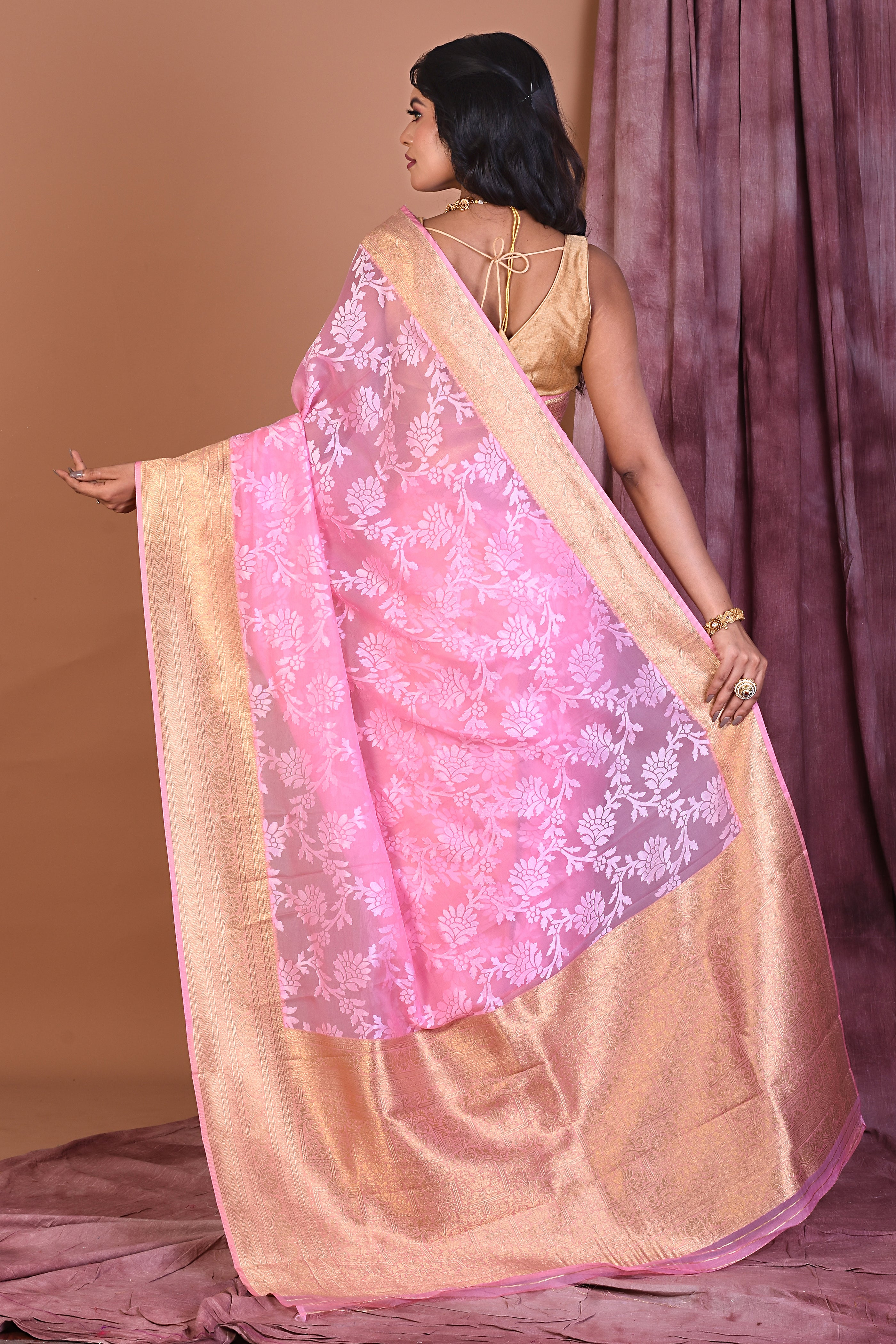 Light Pink Blended Organza Saree with Golden Zari - Keya Seth Exclusive