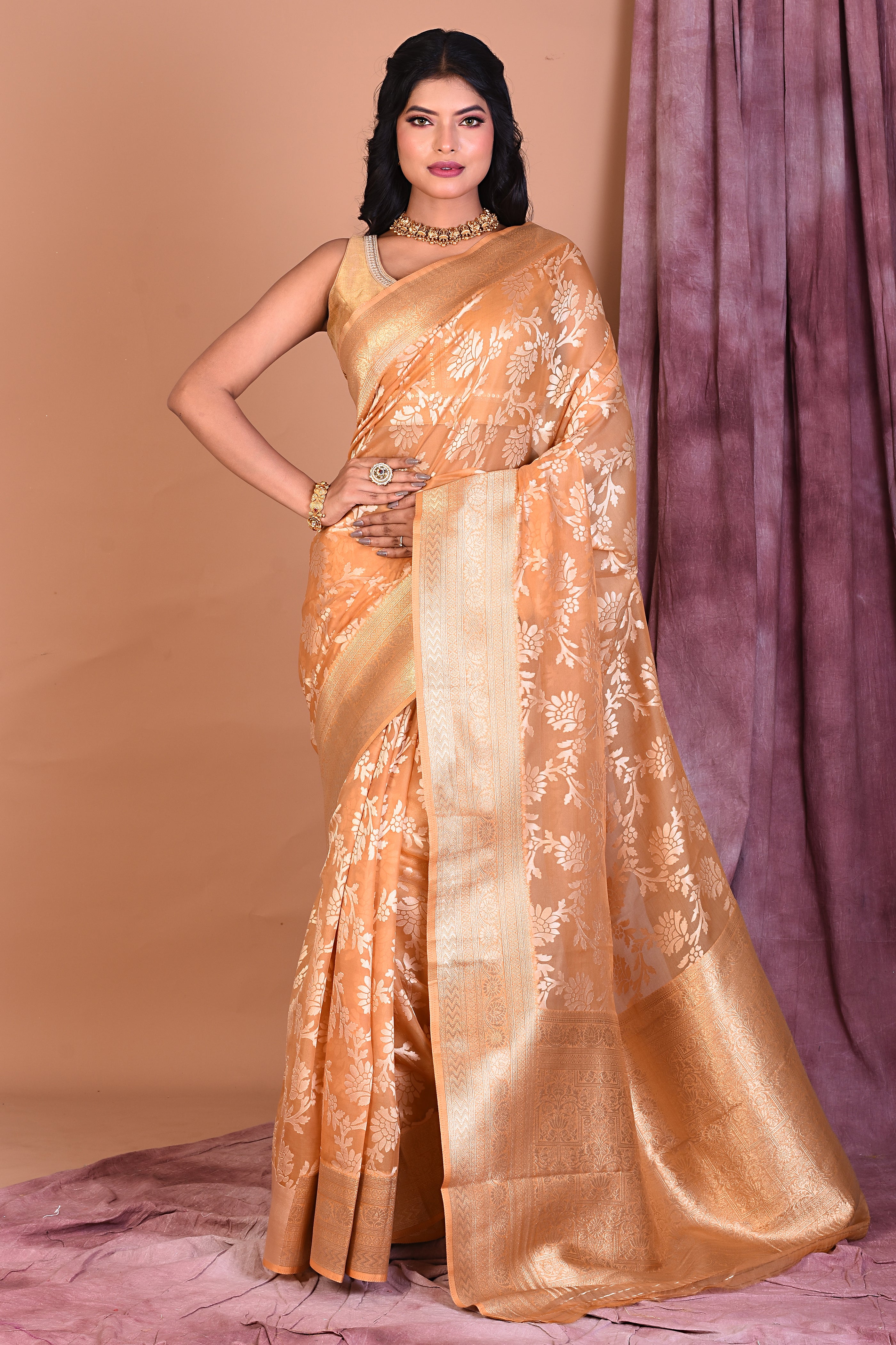 Light Yellow Blended Organza Saree with Golden Zari - Keya Seth Exclusive