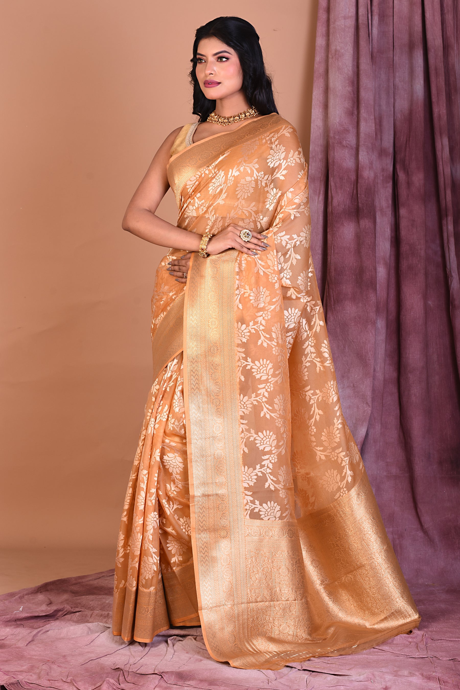 Light Yellow Blended Organza Saree with Golden Zari - Keya Seth Exclusive