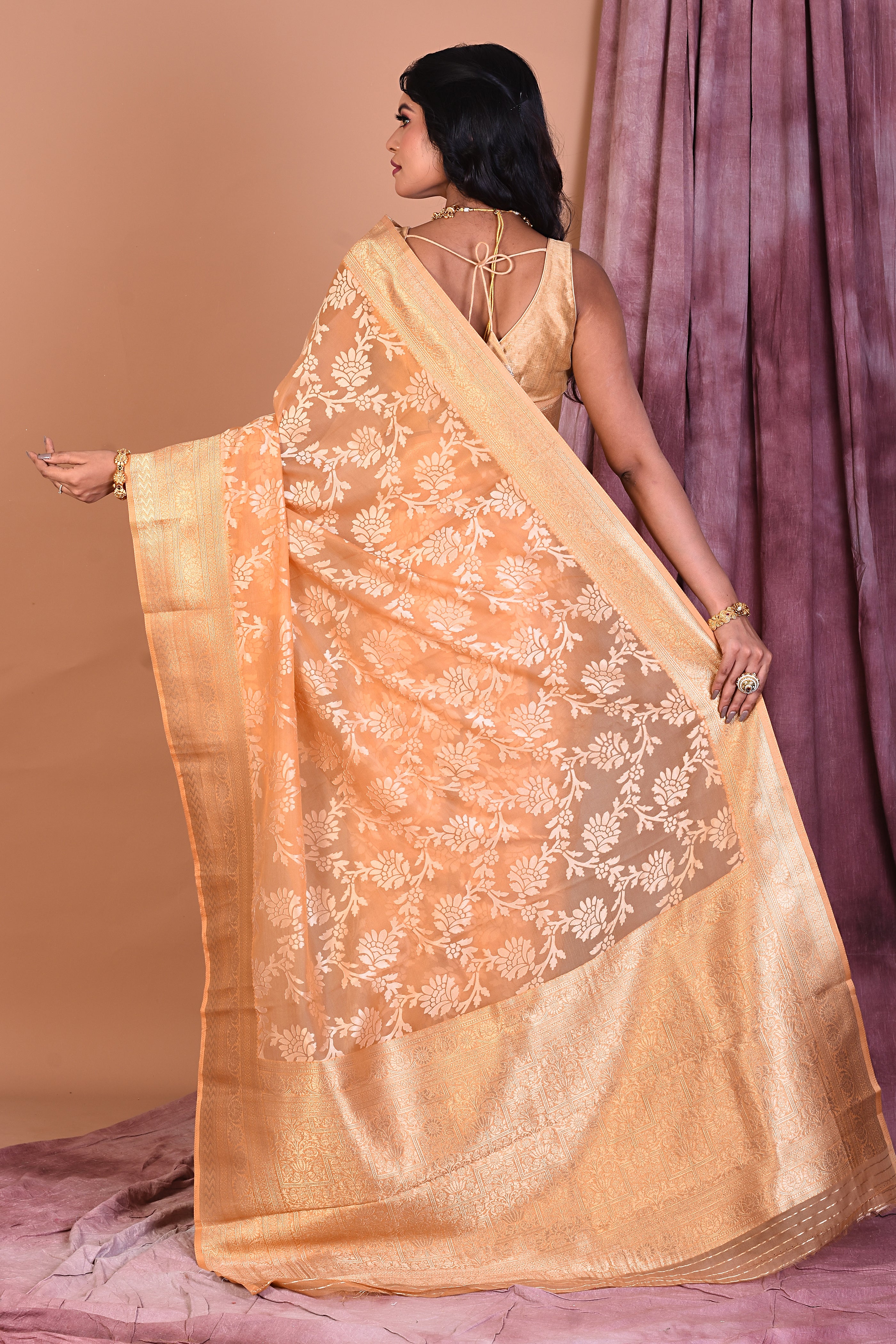 Light Yellow Blended Organza Saree with Golden Zari - Keya Seth Exclusive