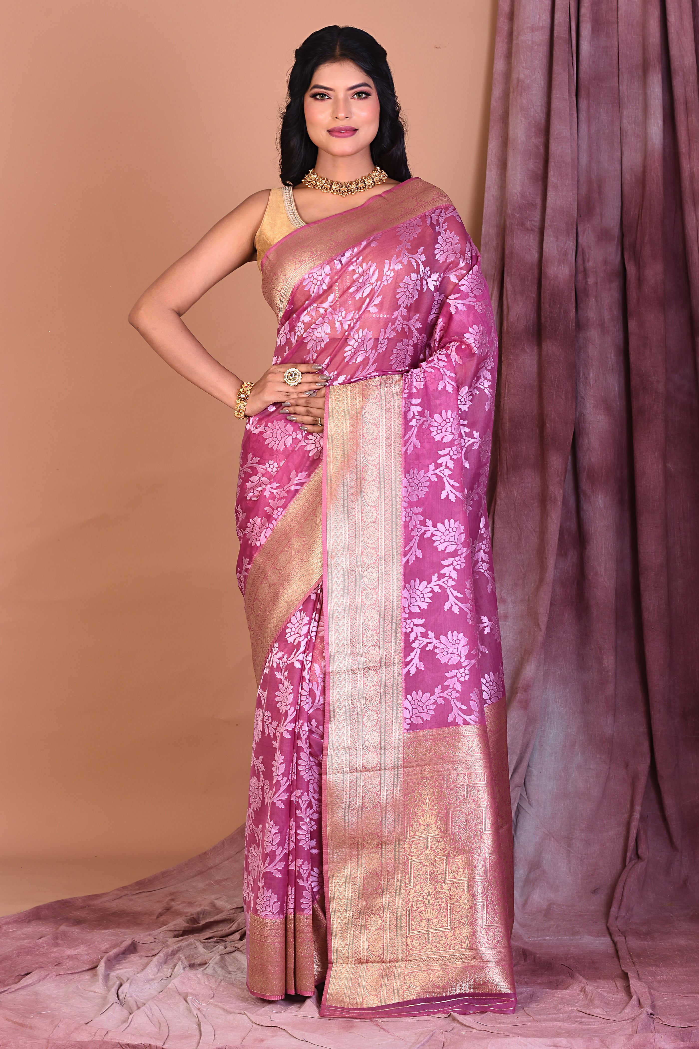 Magenta Blended Organza Saree with Golden Zari - Keya Seth Exclusive