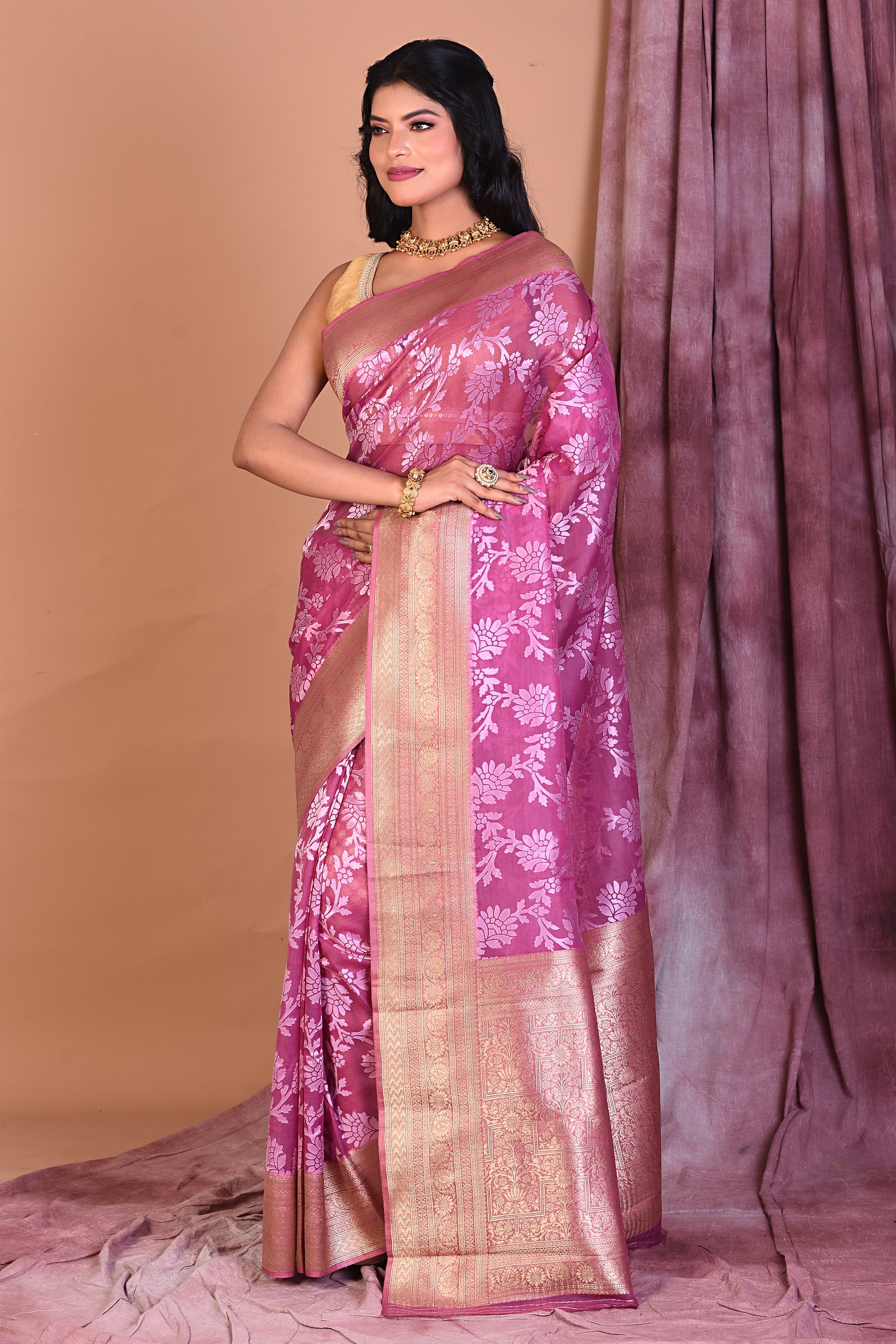 Magenta Blended Organza Saree with Golden Zari - Keya Seth Exclusive