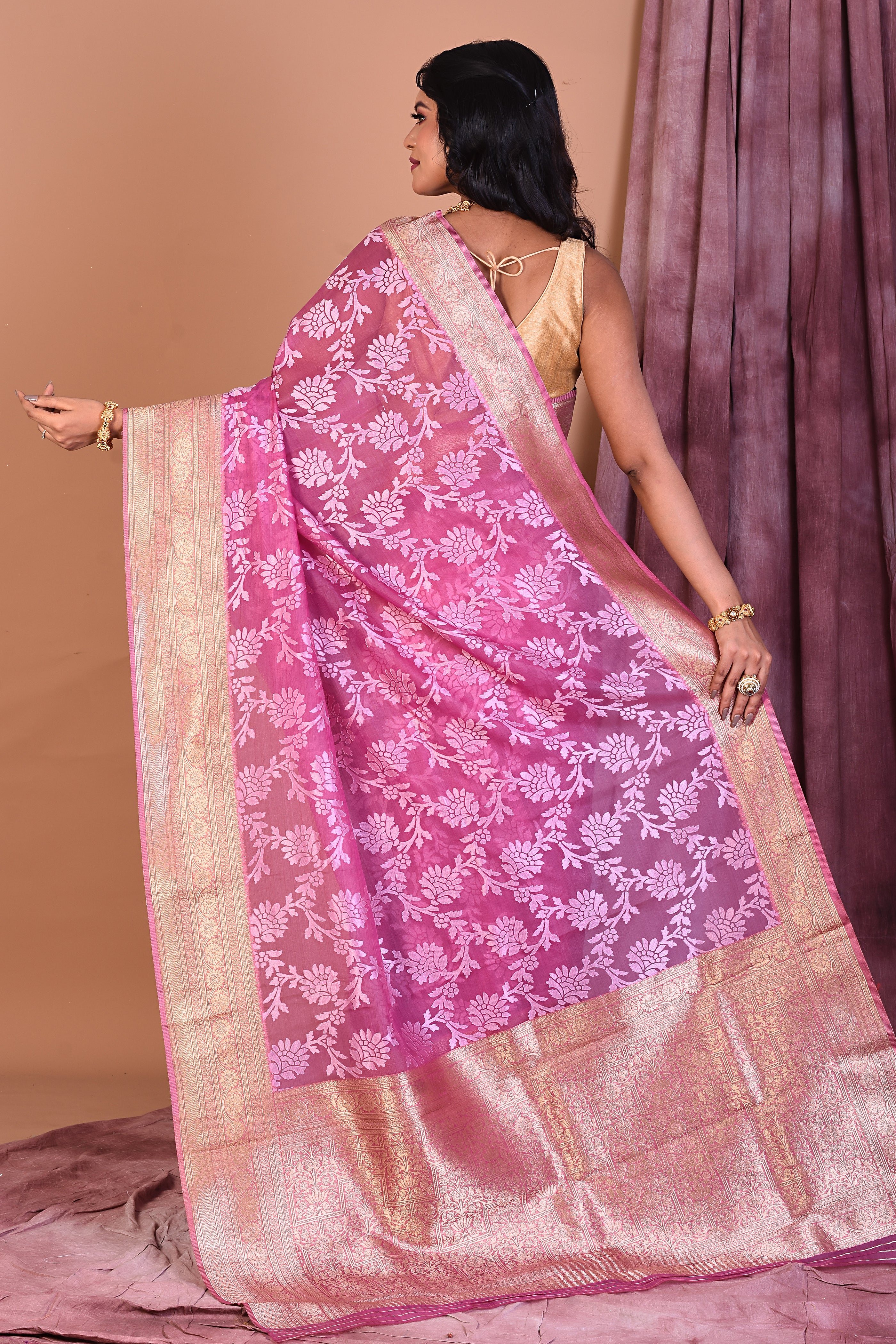 Magenta Blended Organza Saree with Golden Zari - Keya Seth Exclusive