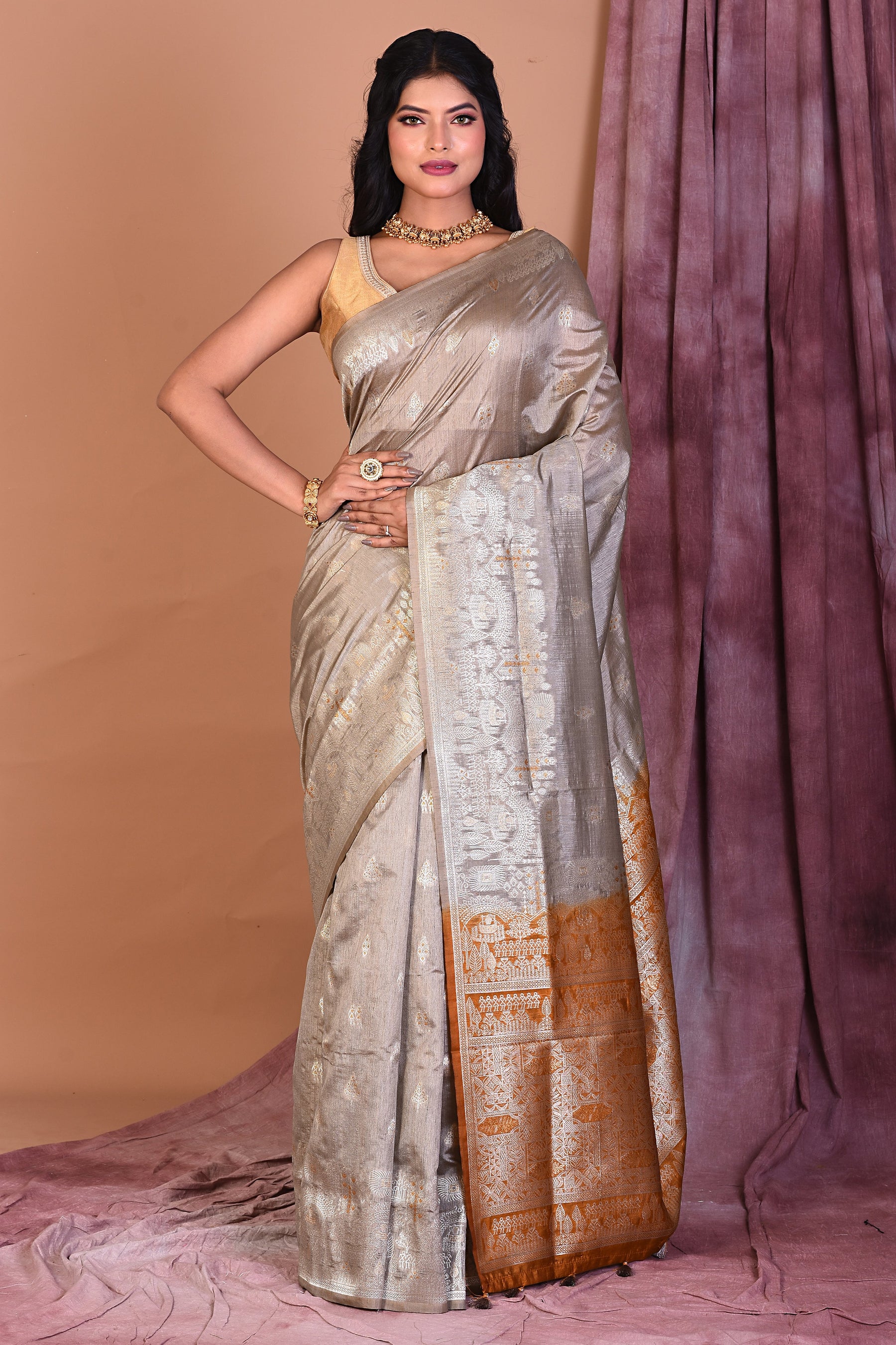 Grey Blended Silk Saree with Golden Zari - Keya Seth Exclusive