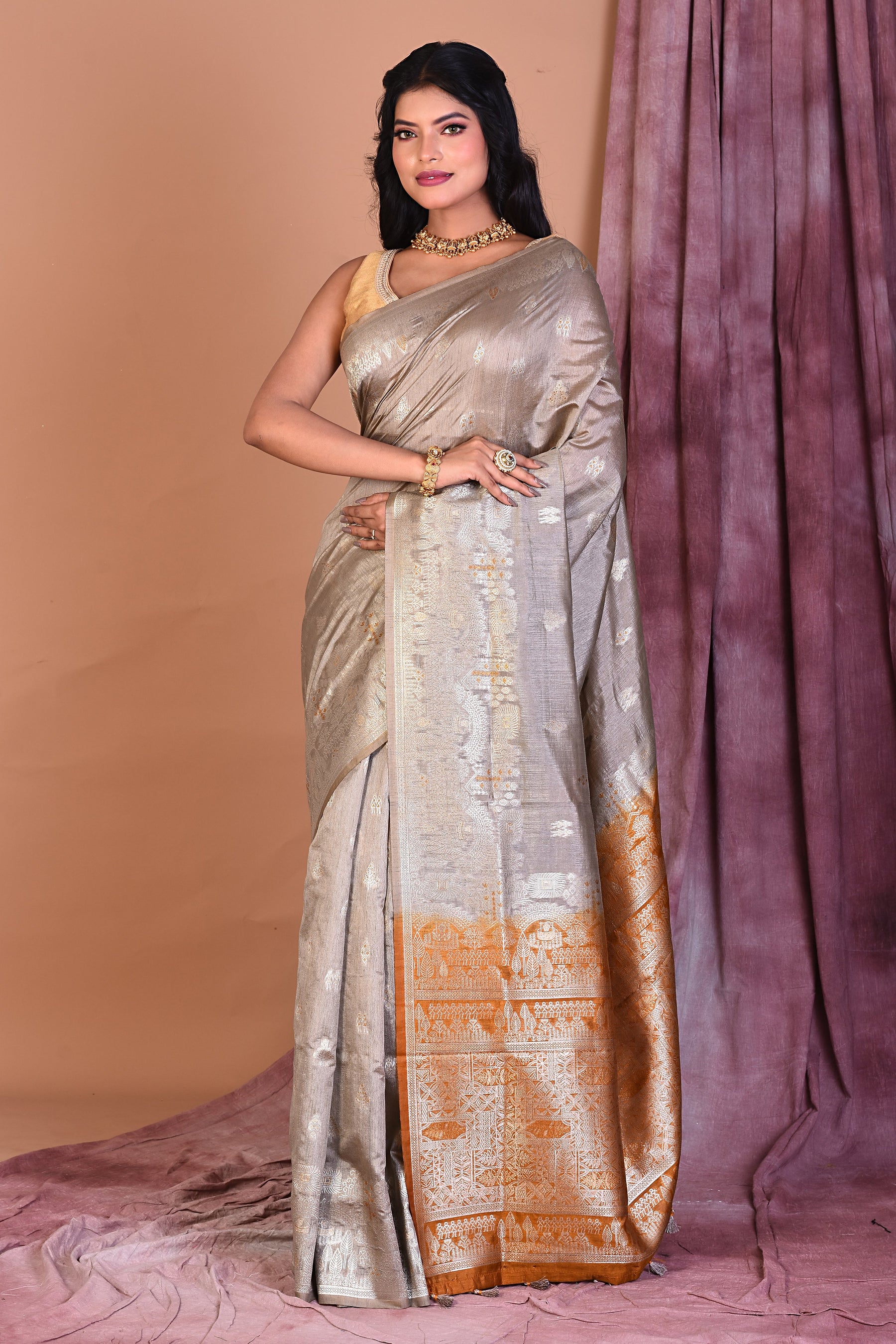 Grey Blended Silk Saree with Golden Zari - Keya Seth Exclusive