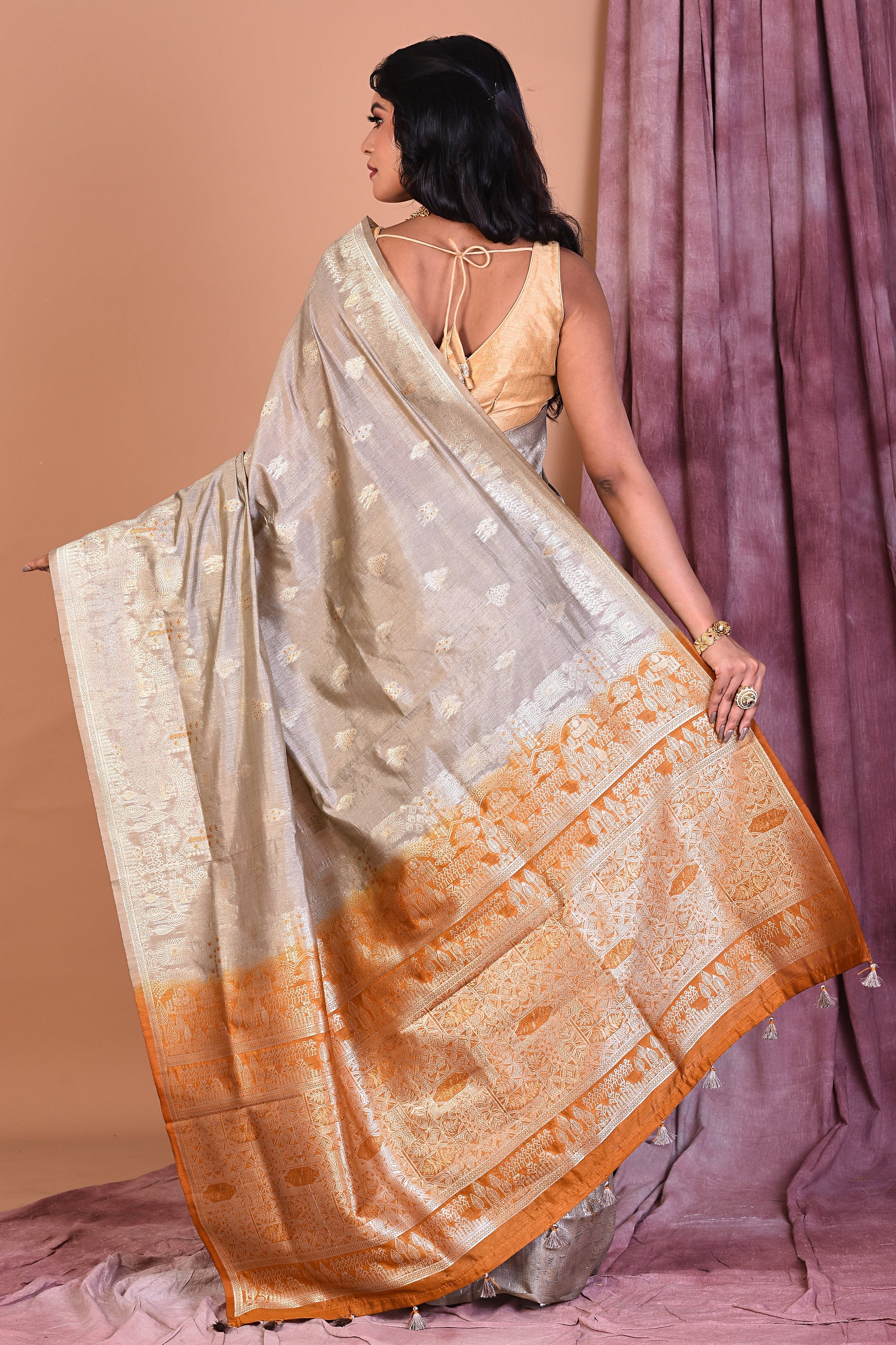 Grey Blended Silk Saree with Golden Zari - Keya Seth Exclusive