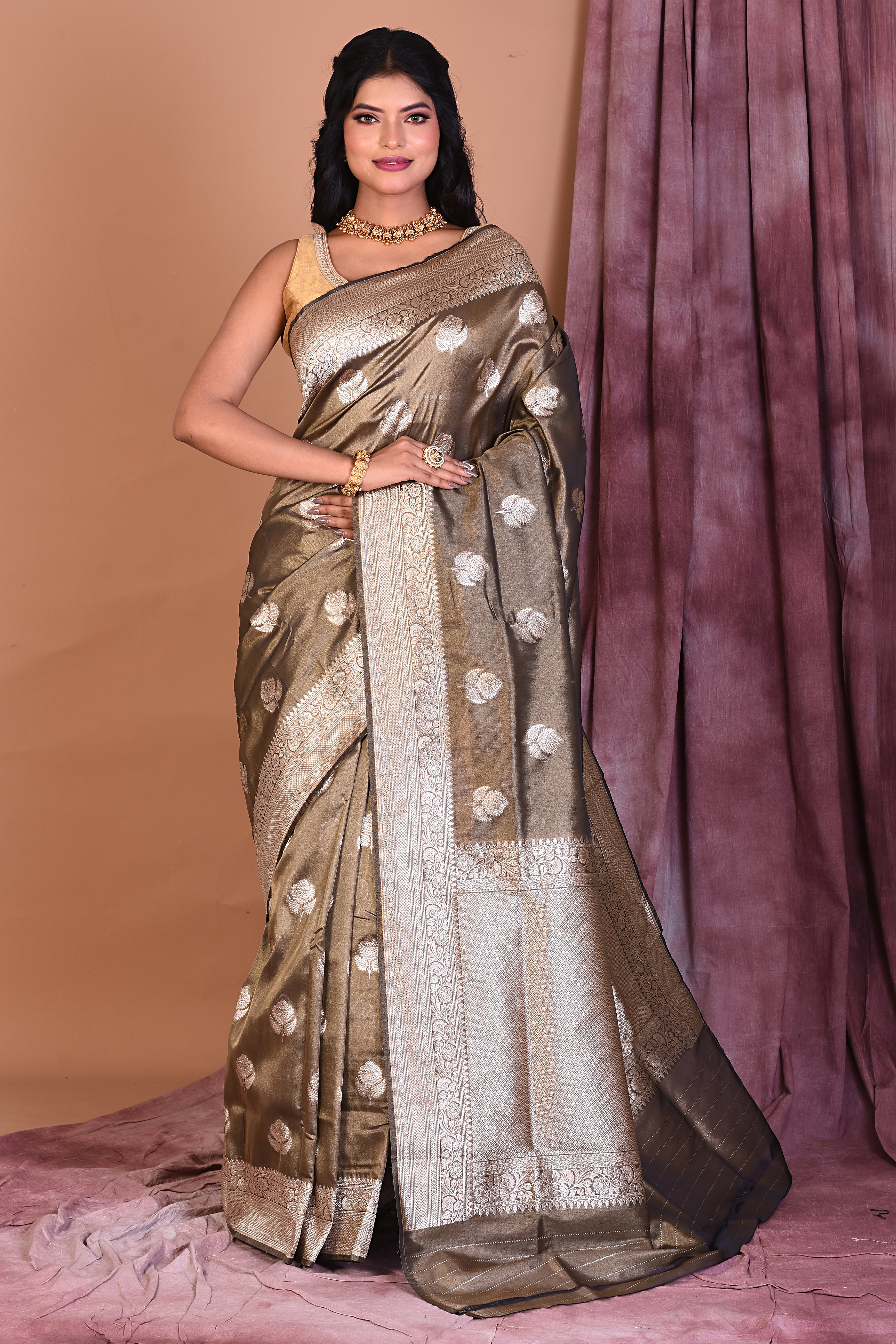 Olive Blended Tissue Saree with Golden Zari - Keya Seth Exclusive