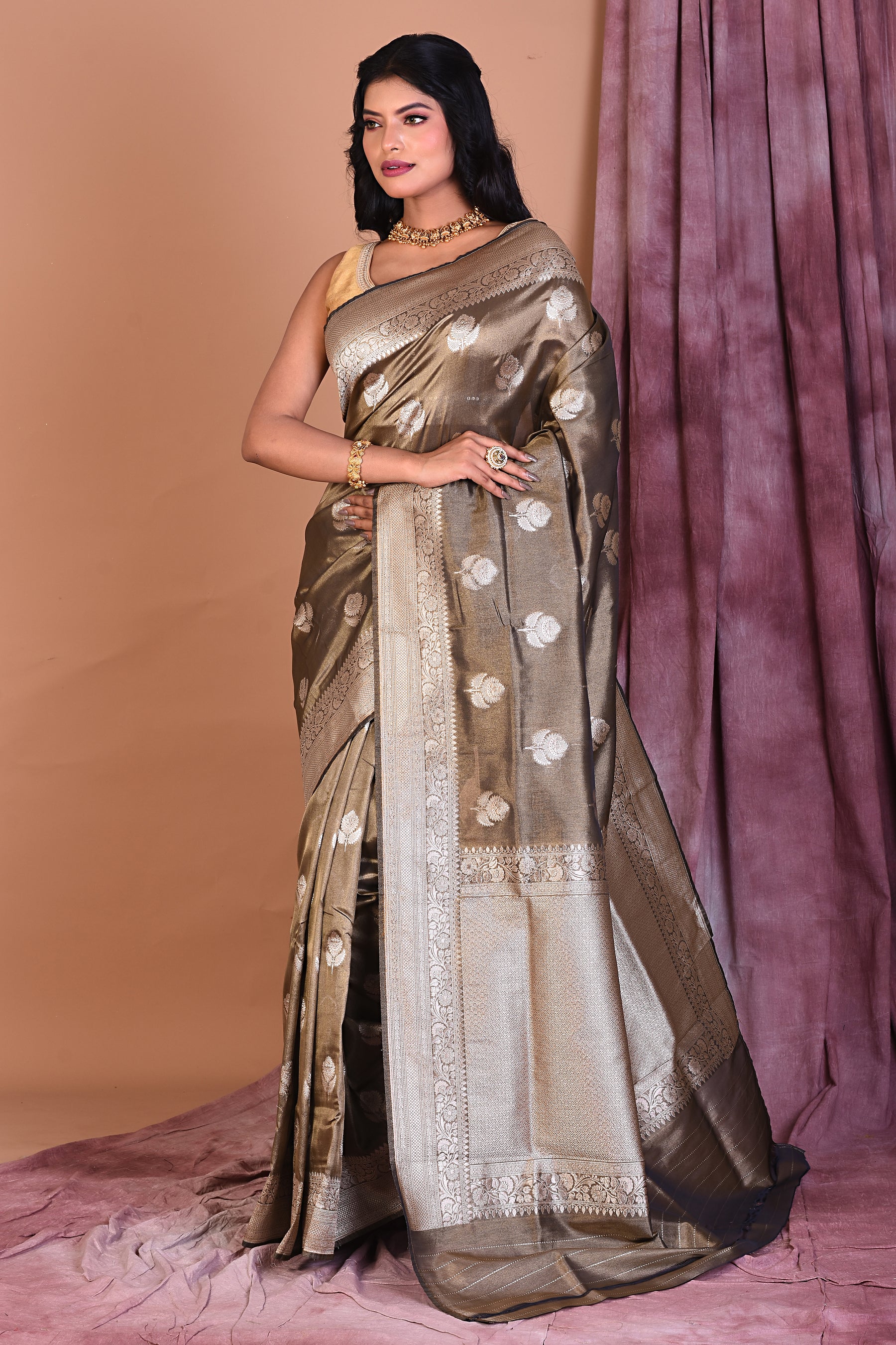 Olive Blended Tissue Saree with Golden Zari - Keya Seth Exclusive