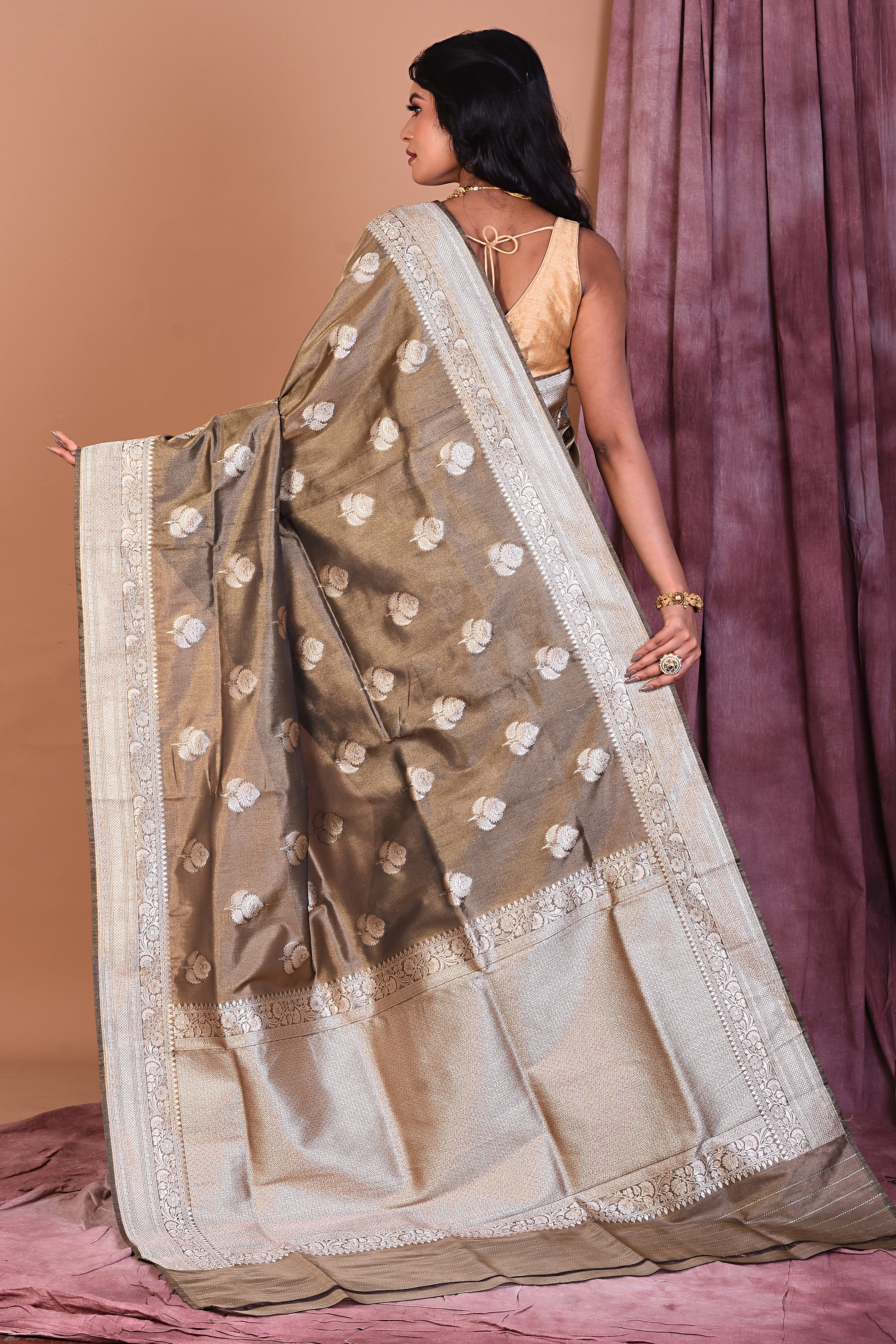 Olive Blended Tissue Saree with Golden Zari - Keya Seth Exclusive