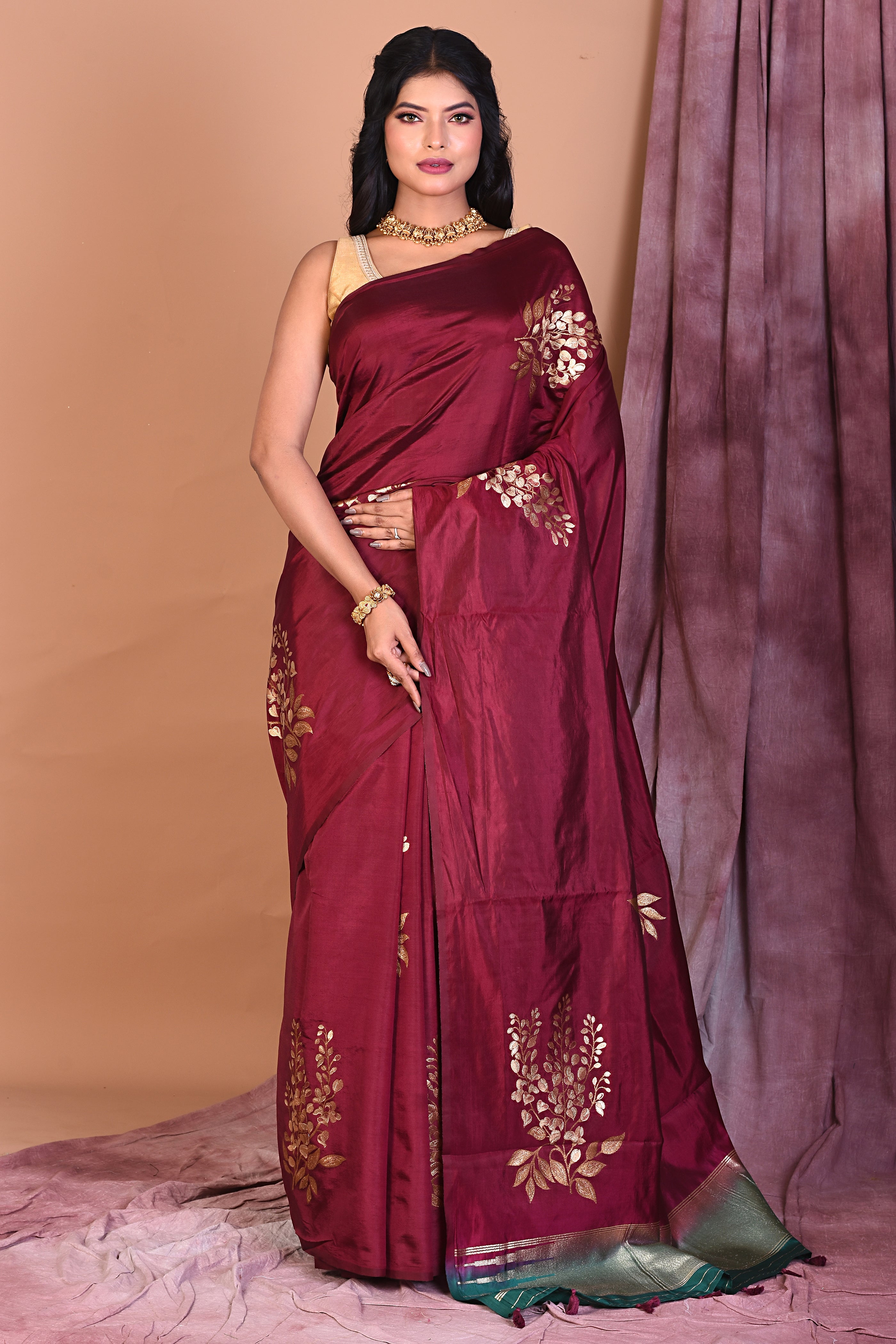 Borderless Wine Blended Silk Saree - Keya Seth Exclusive