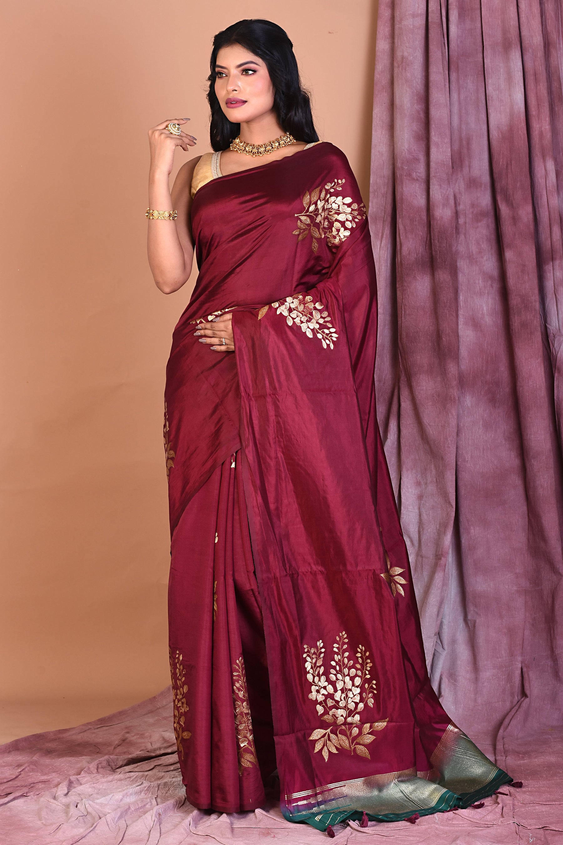 Borderless Wine Blended Silk Saree - Keya Seth Exclusive