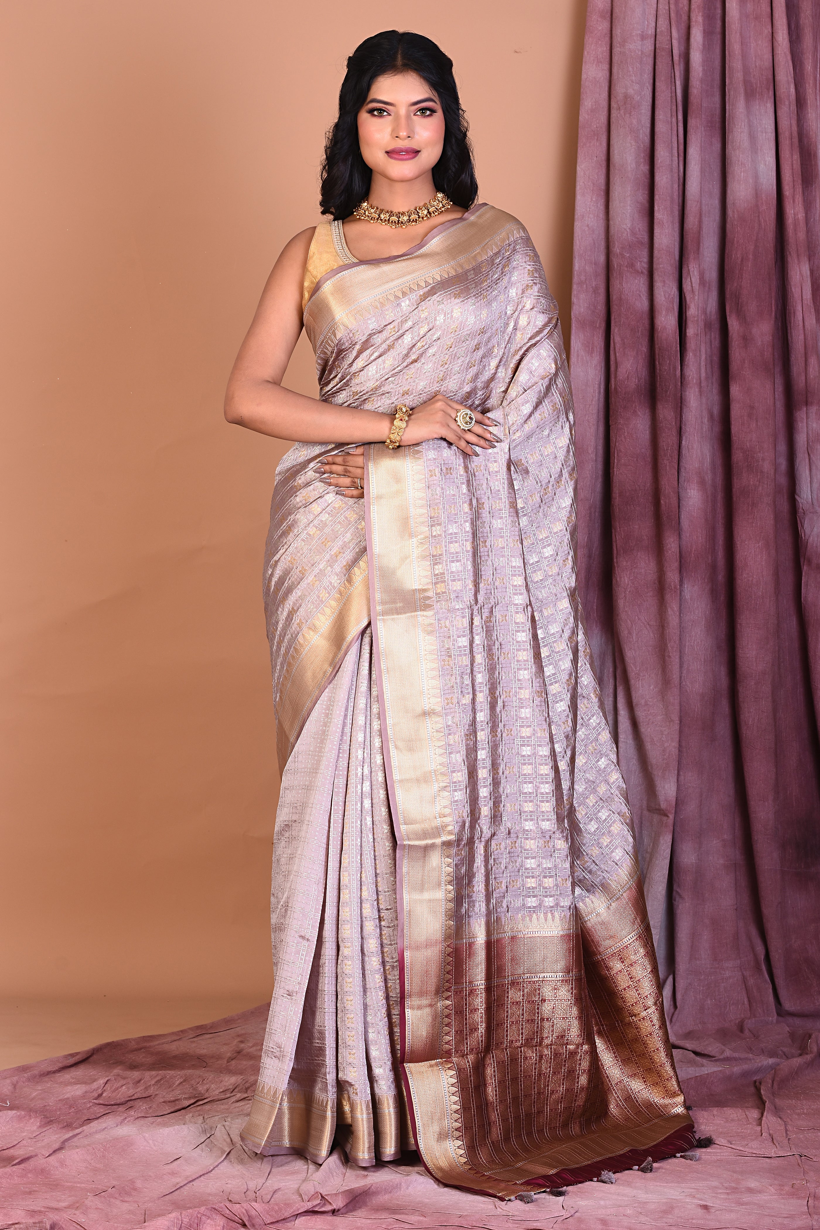 Grey Blended Silk Saree with Golden Zari - Keya Seth Exclusive