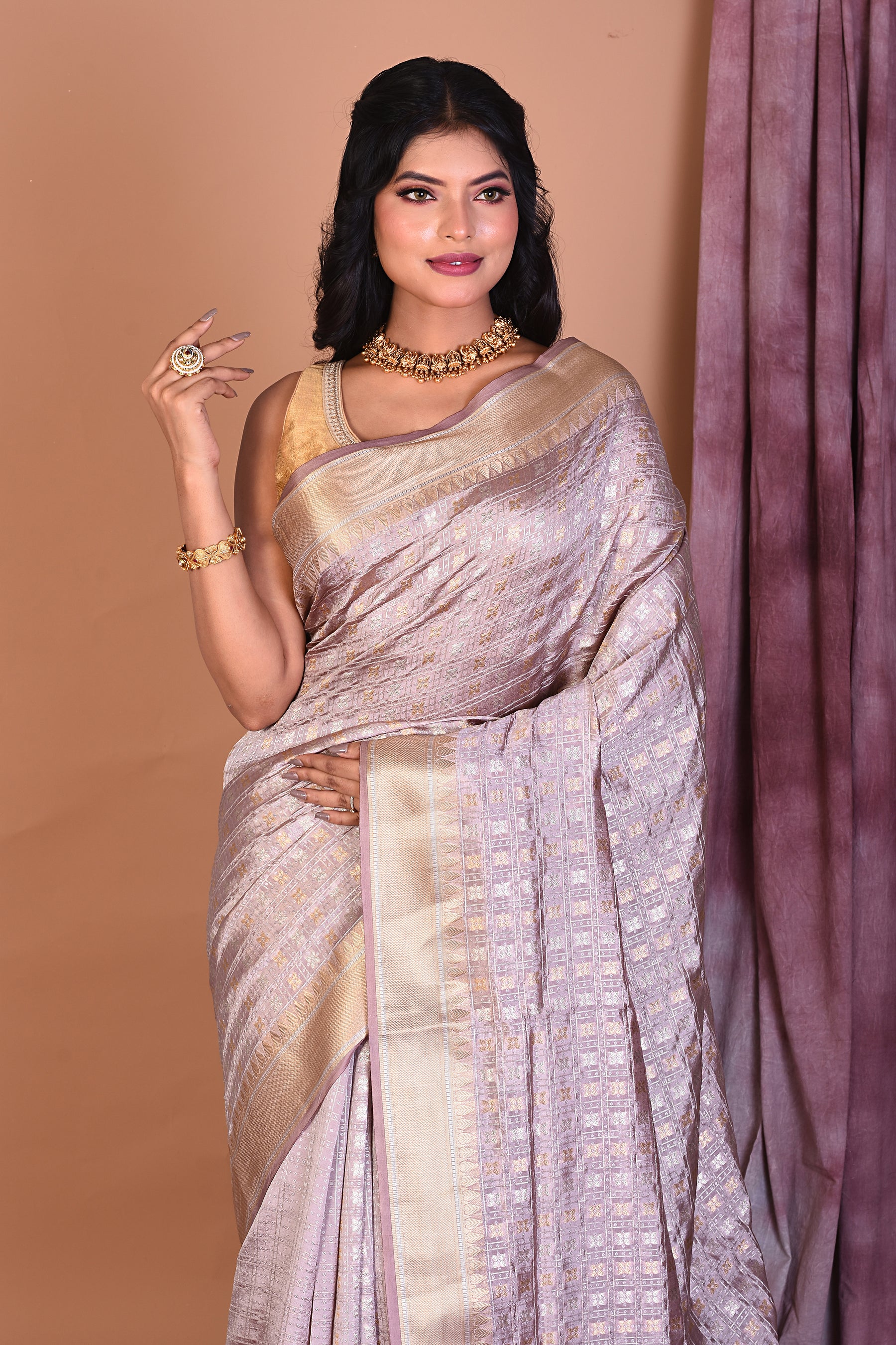 Grey Blended Silk Saree with Golden Zari - Keya Seth Exclusive