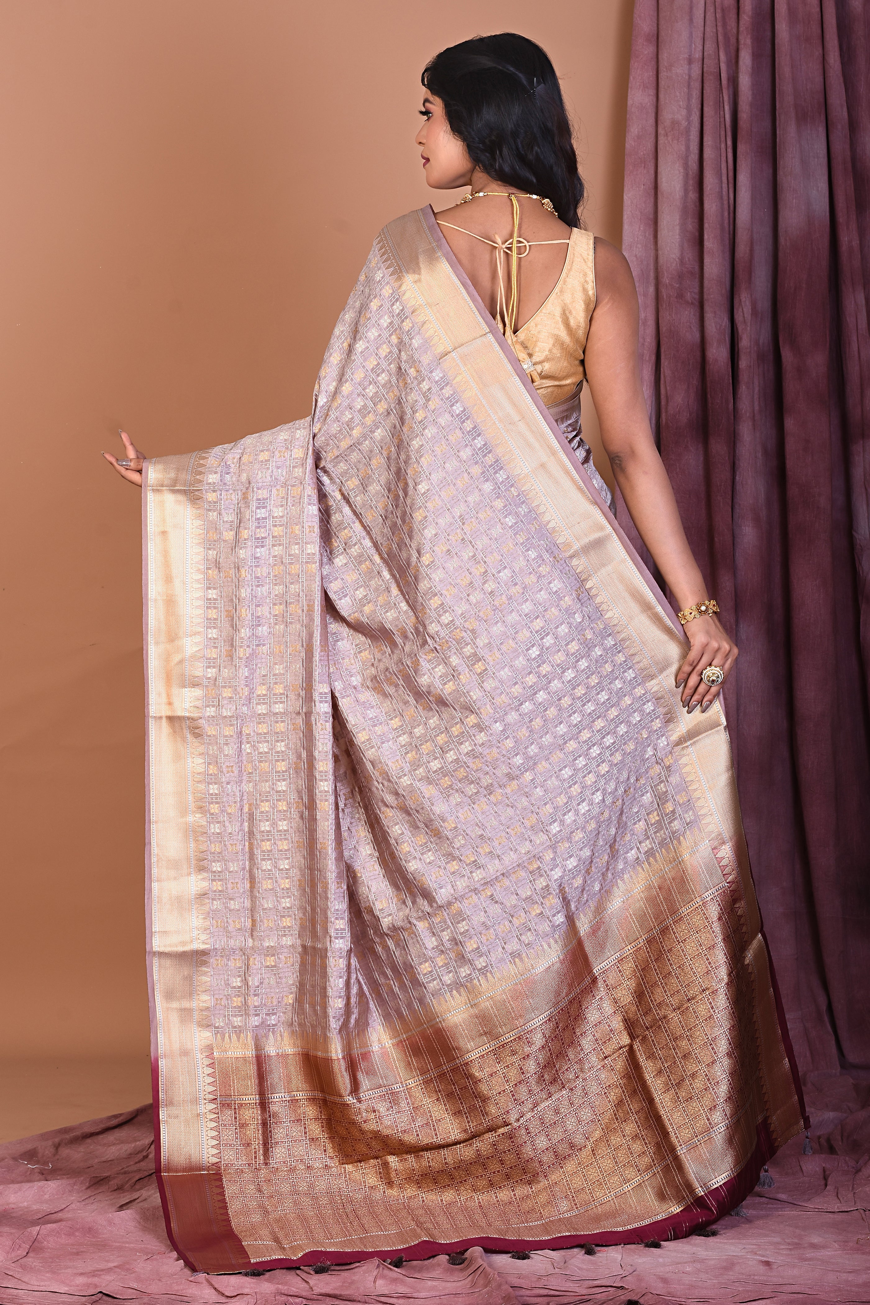 Grey Blended Silk Saree with Golden Zari - Keya Seth Exclusive