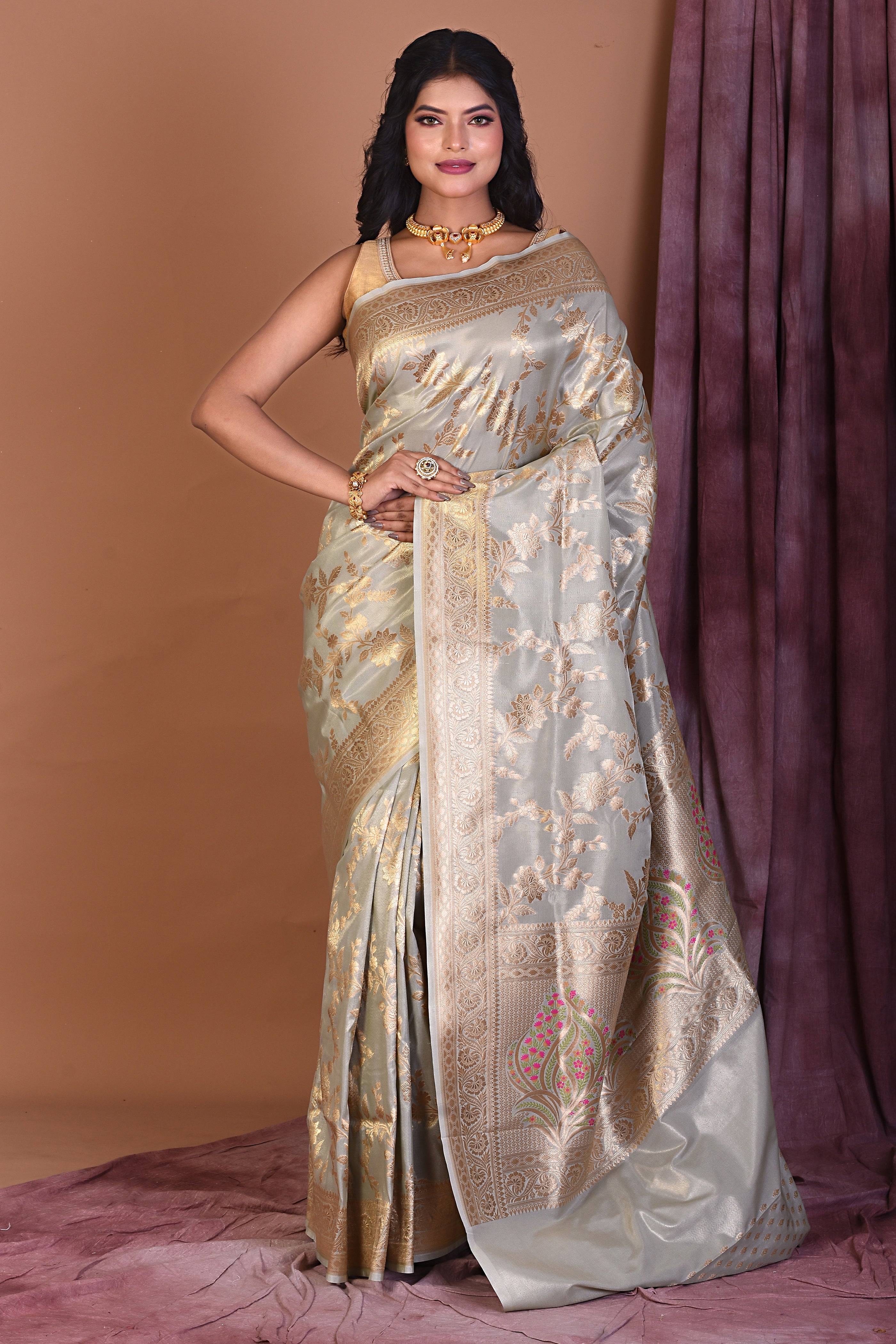 Grey Blended Silk Saree with Golden Zari - Keya Seth Exclusive