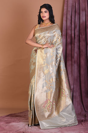 Grey Blended Silk Saree with Golden Zari - Keya Seth Exclusive