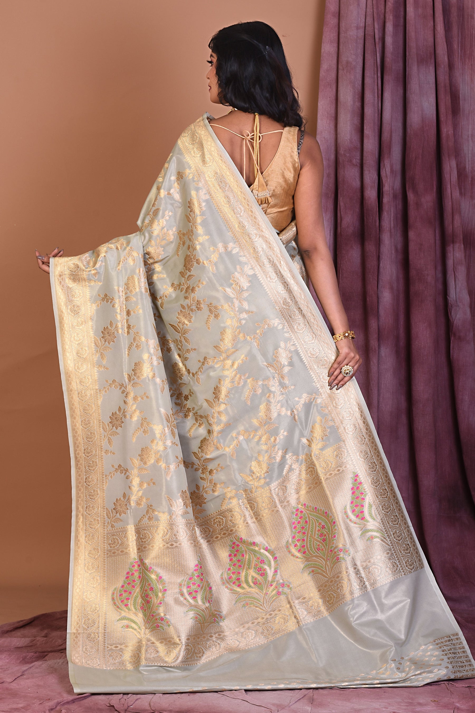 Grey Blended Silk Saree with Golden Zari - Keya Seth Exclusive