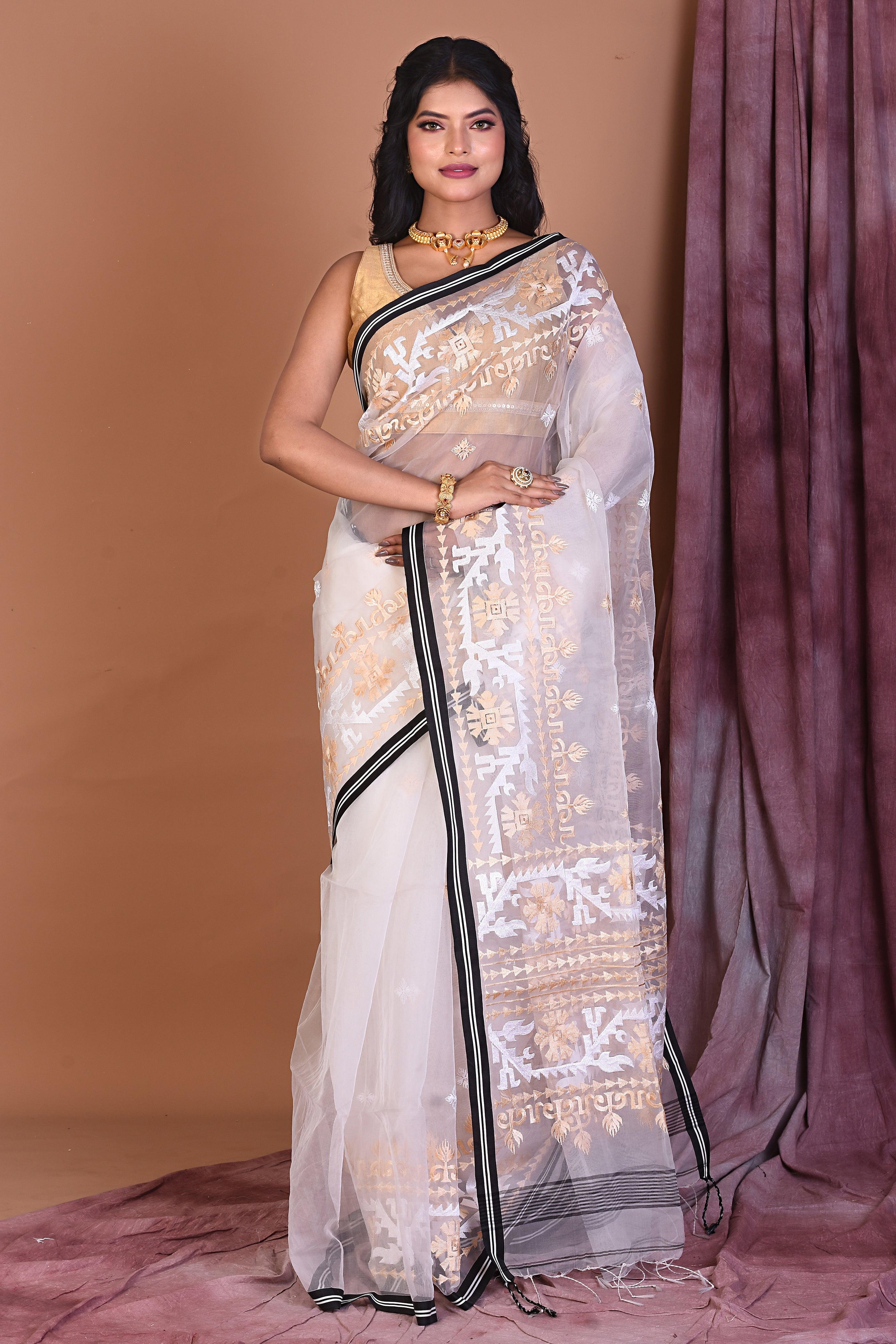 White Blended Muslin Saree with Threadwork - Keya Seth Exclusive