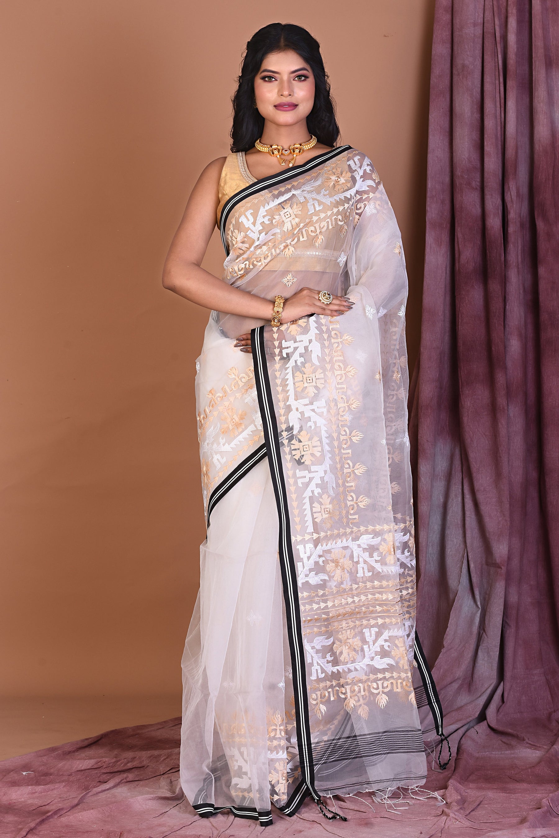 White Blended Muslin Saree with Threadwork - Keya Seth Exclusive