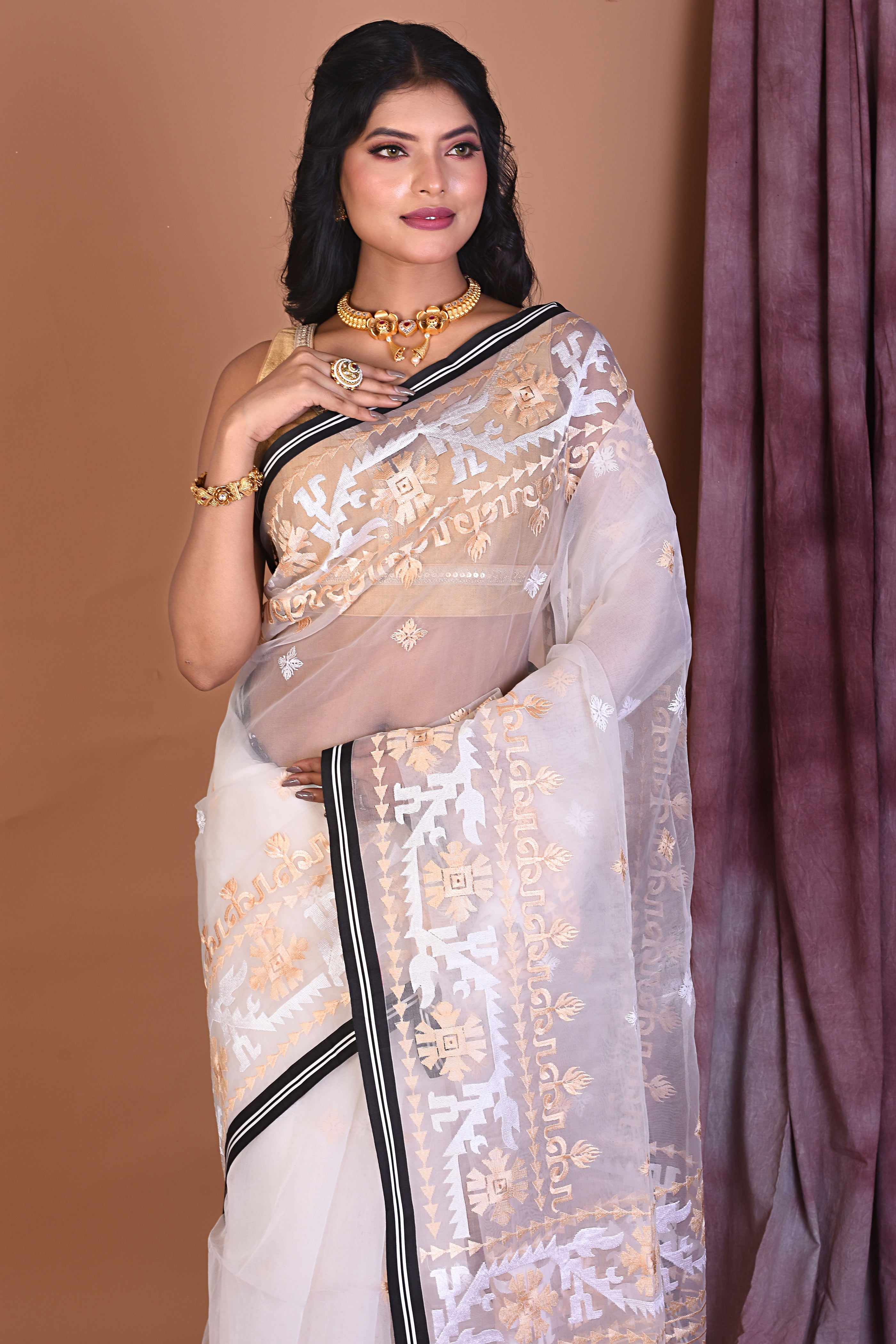 White Blended Muslin Saree with Threadwork - Keya Seth Exclusive