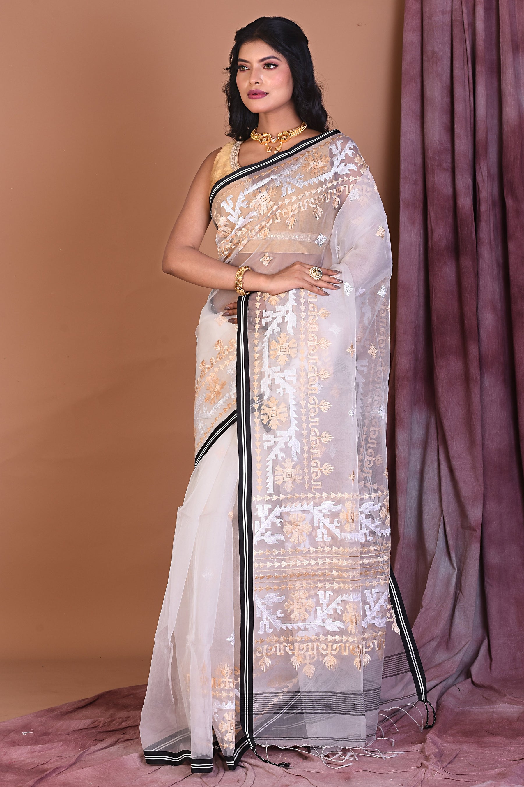 White Blended Muslin Saree with Threadwork - Keya Seth Exclusive