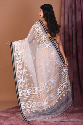 White Blended Muslin Saree with Threadwork - Keya Seth Exclusive