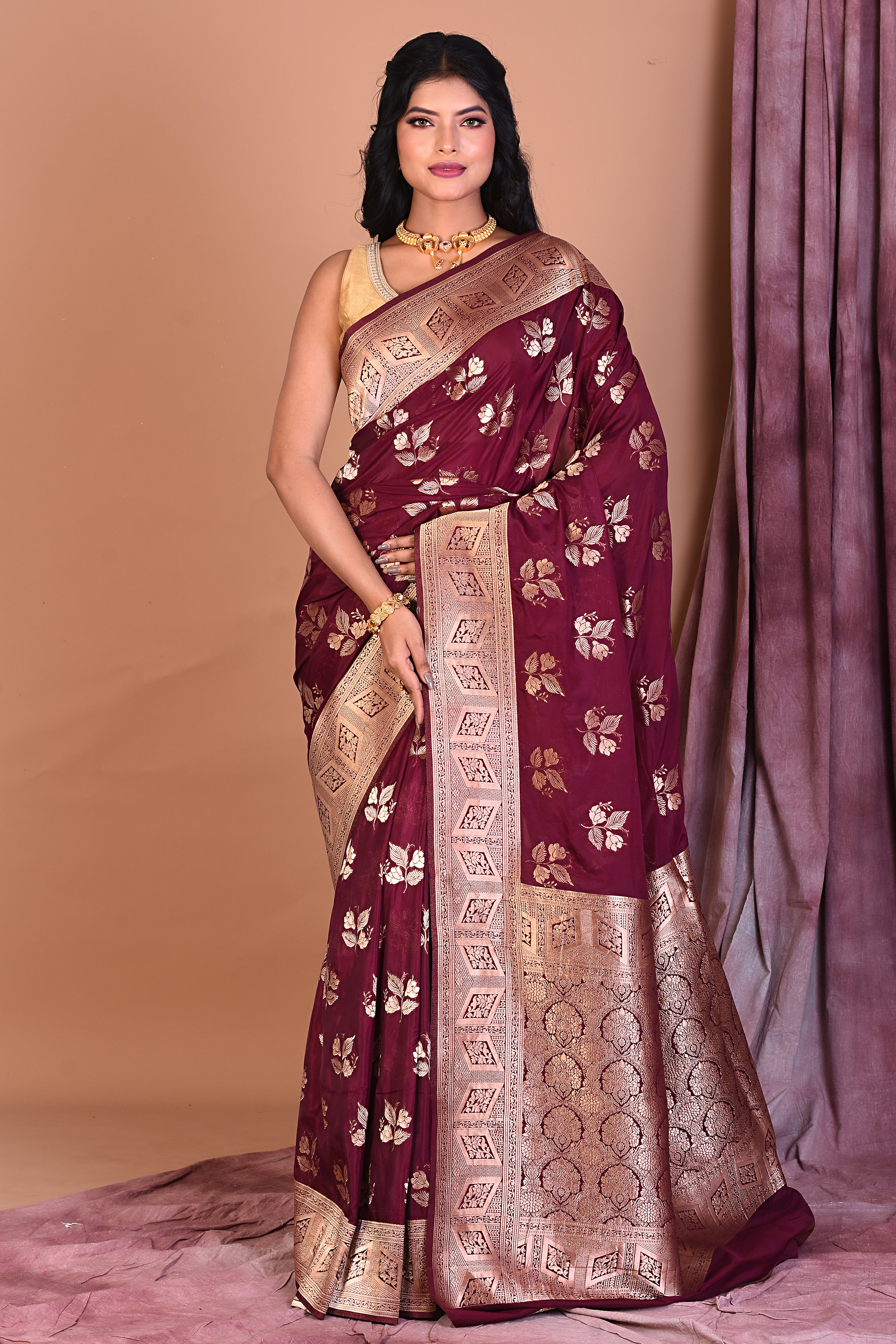 Wine Blended Organza Saree with Golden Zari - Keya Seth Exclusive