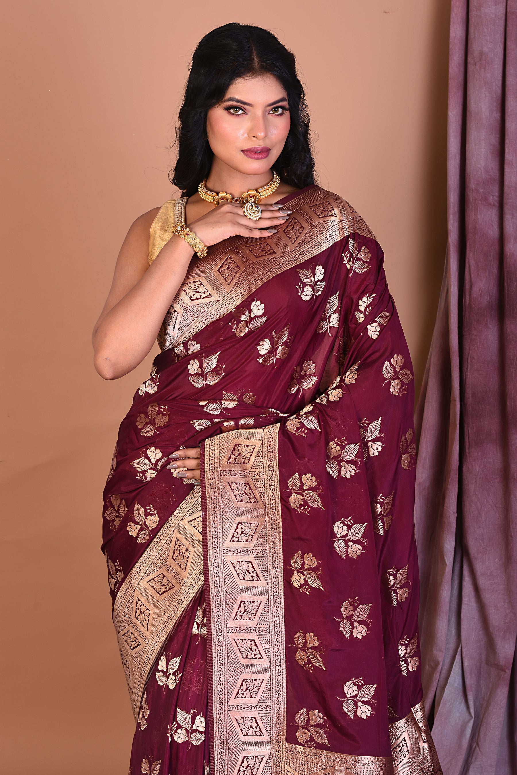 Wine Blended Organza Saree with Golden Zari - Keya Seth Exclusive