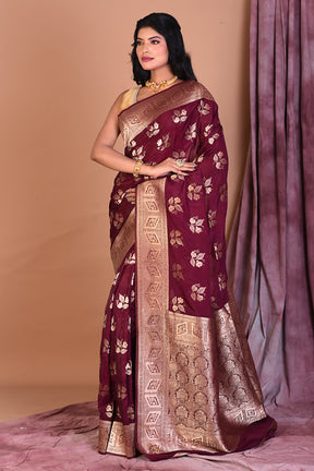 Wine Blended Organza Saree with Golden Zari - Keya Seth Exclusive