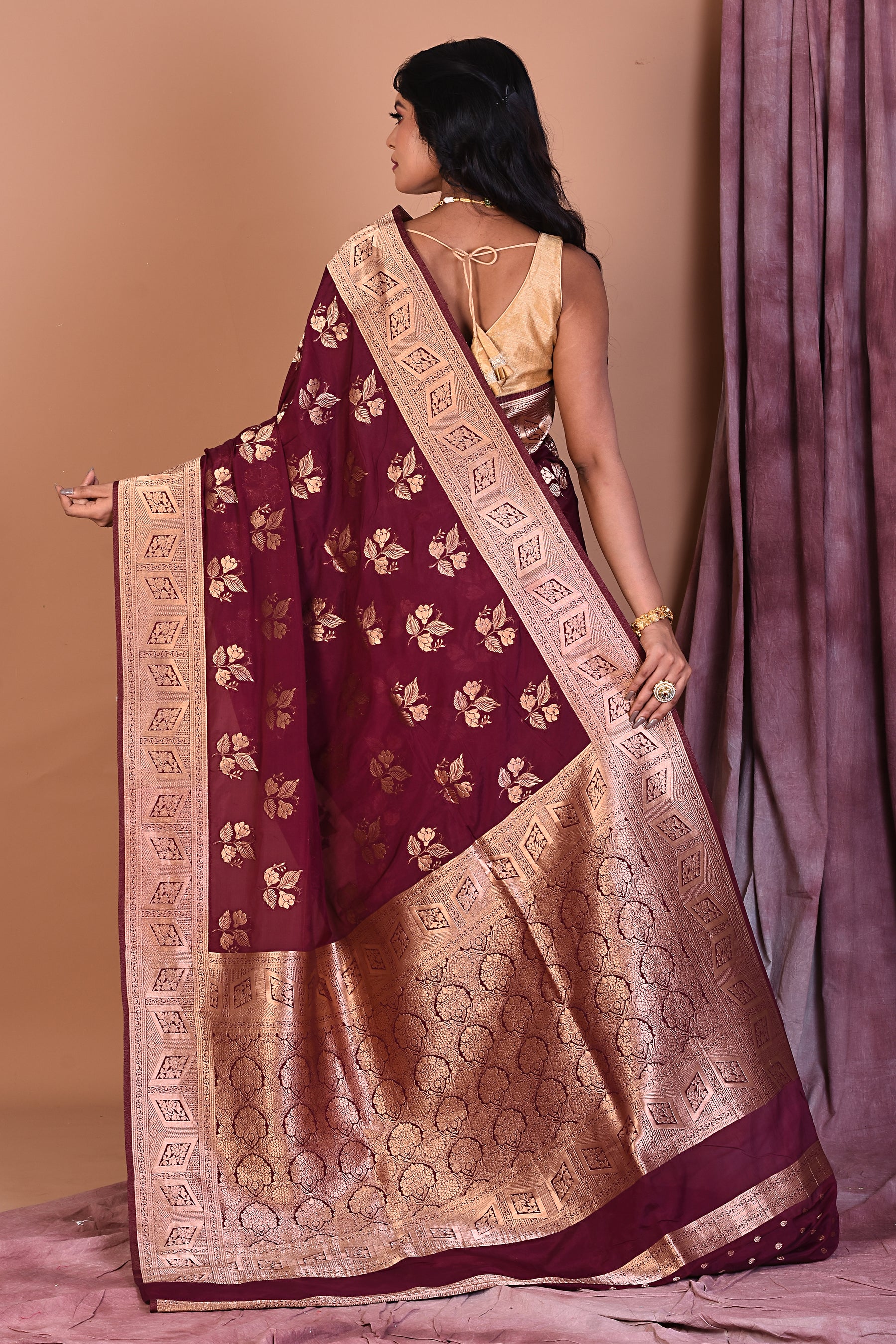 Wine Blended Organza Saree with Golden Zari - Keya Seth Exclusive