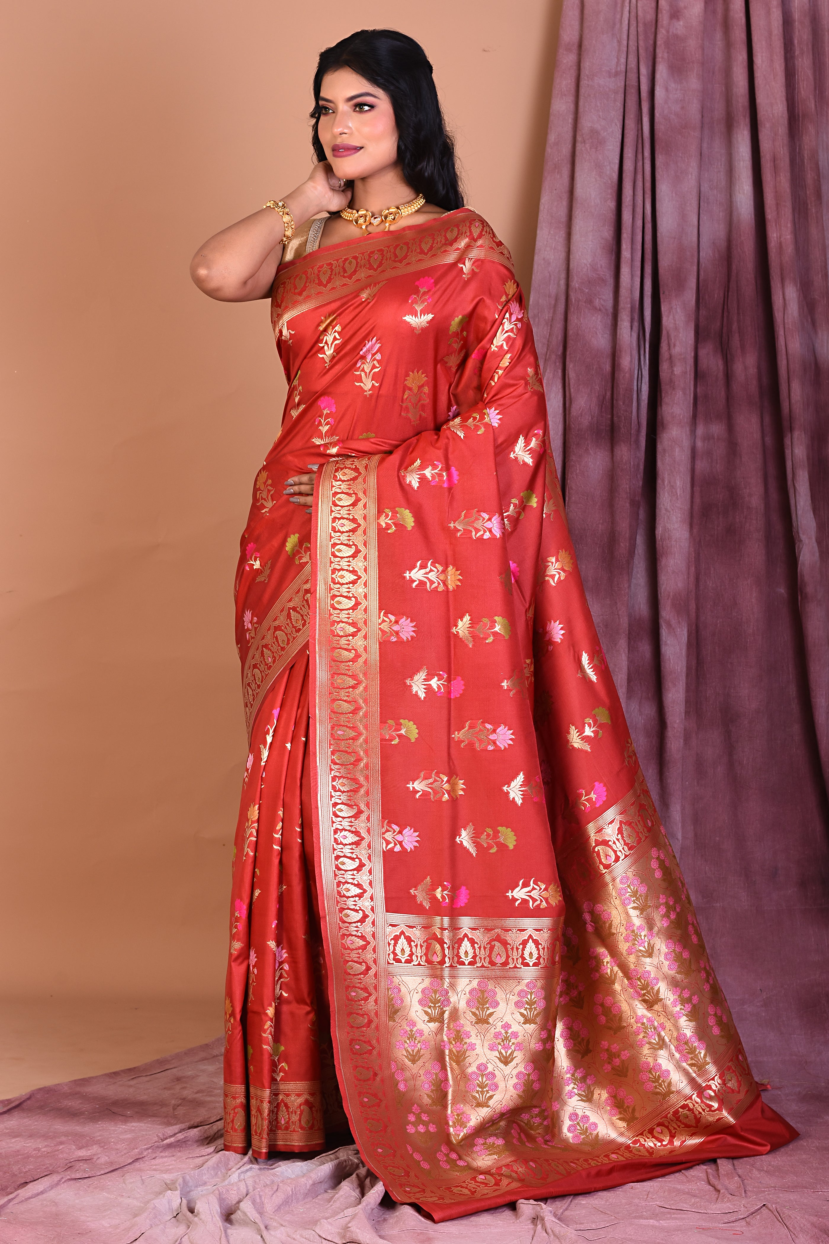 Maroon Blended Katan Saree with Zari Work - Keya Seth Exclusive