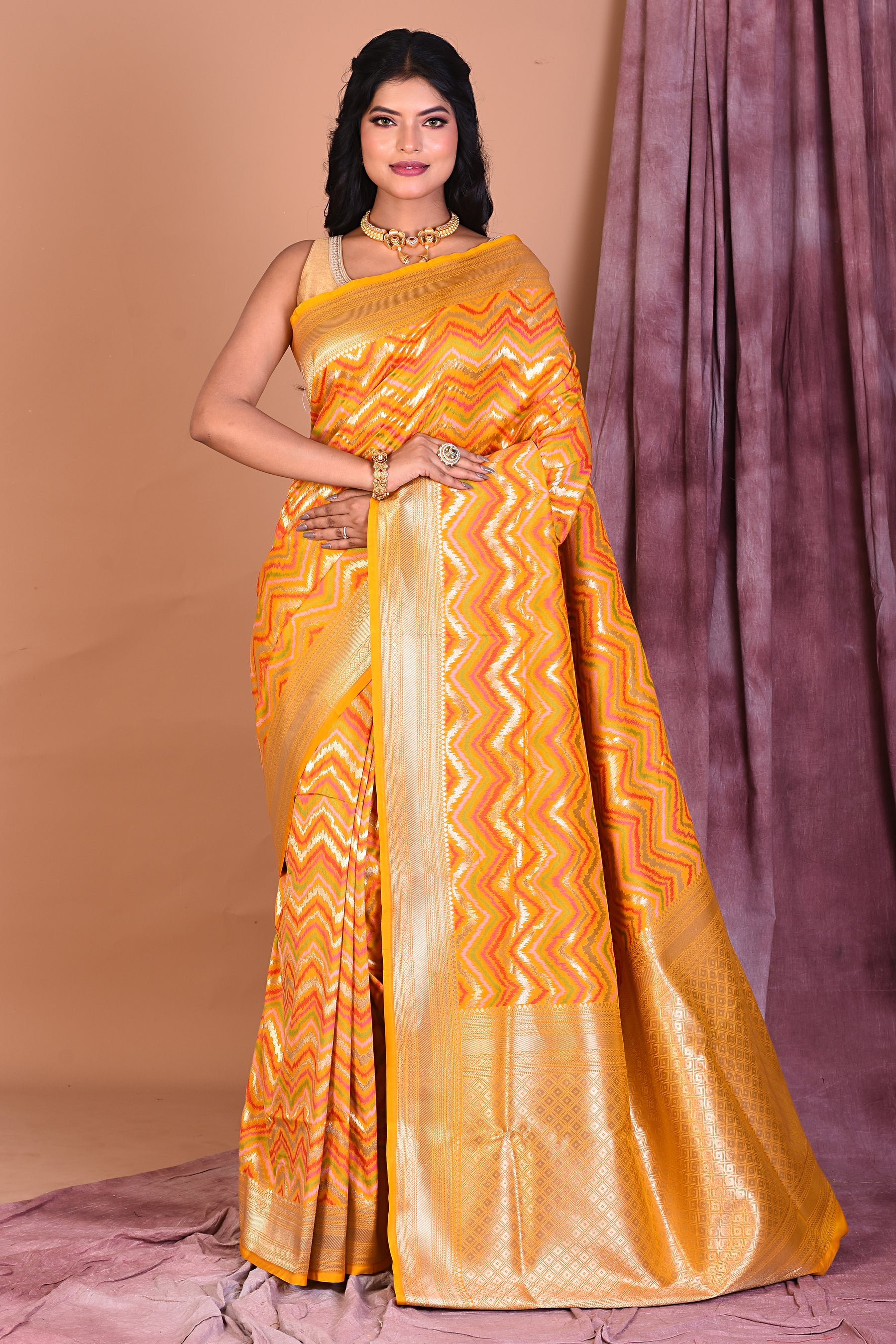 Yellow Blended Katan Saree with Zari Work - Keya Seth Exclusive