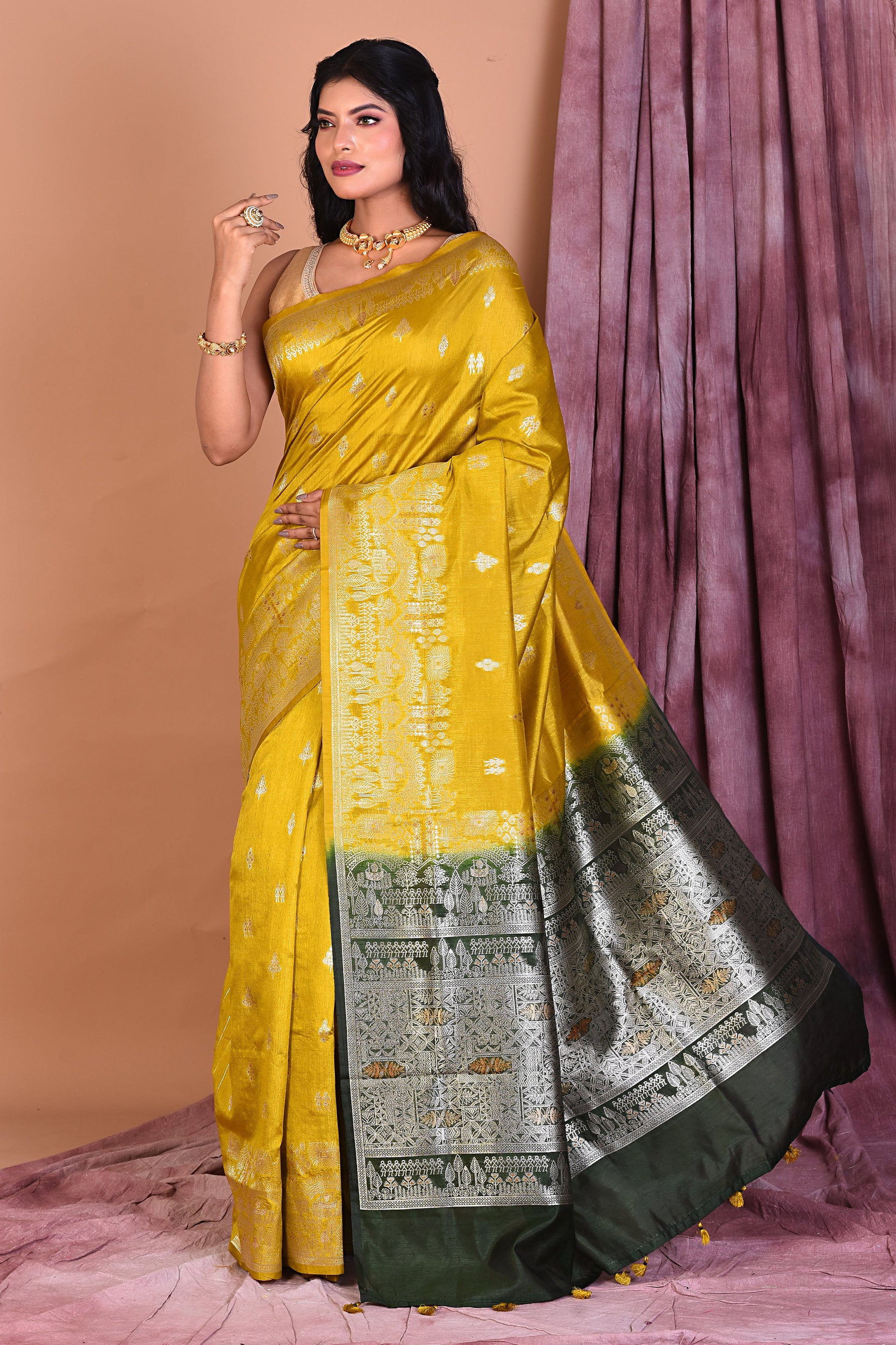 Olive Green Blended Silk Saree with Golden Zari - Keya Seth Exclusive