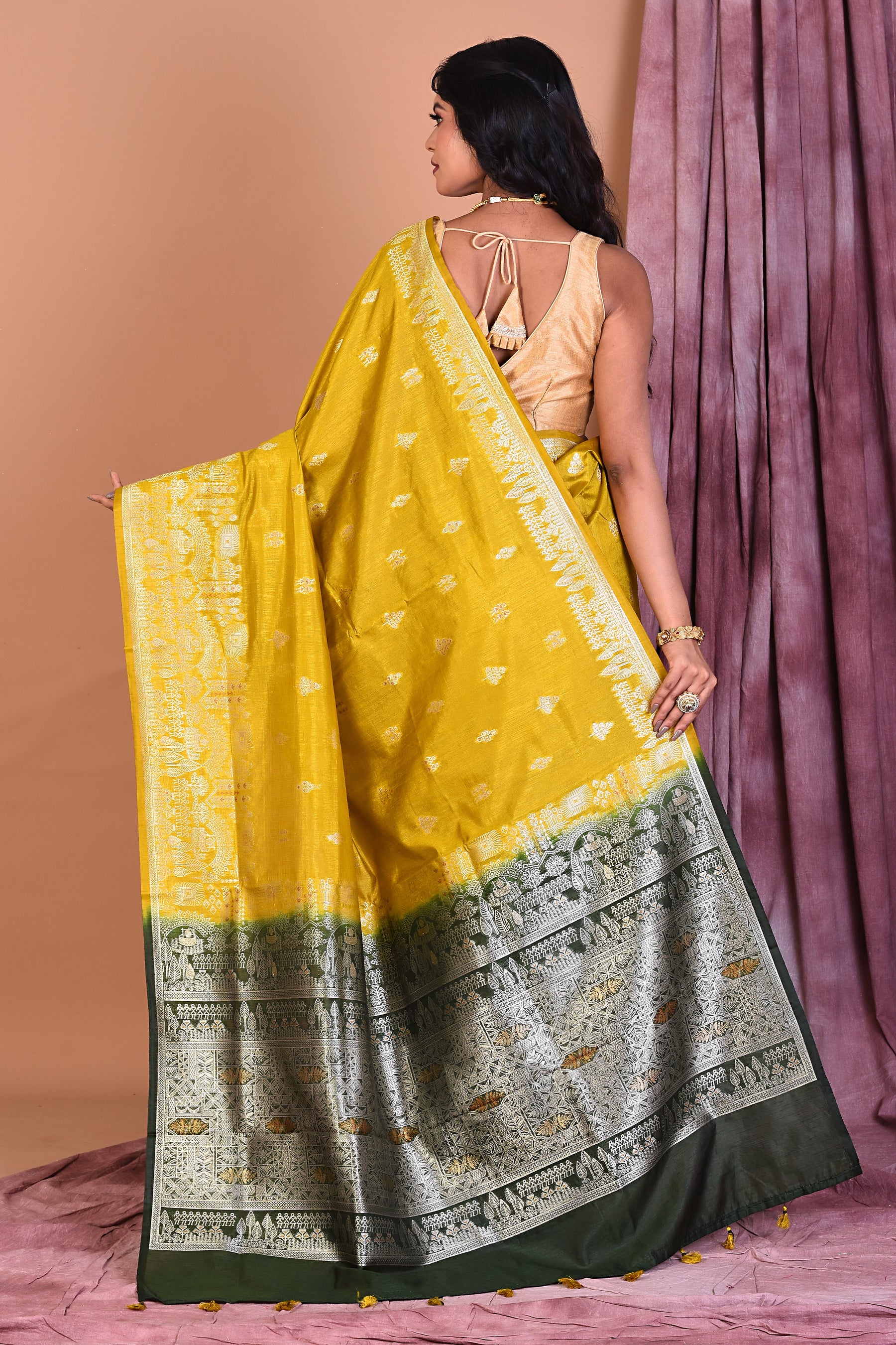 Olive Green Blended Silk Saree with Golden Zari - Keya Seth Exclusive