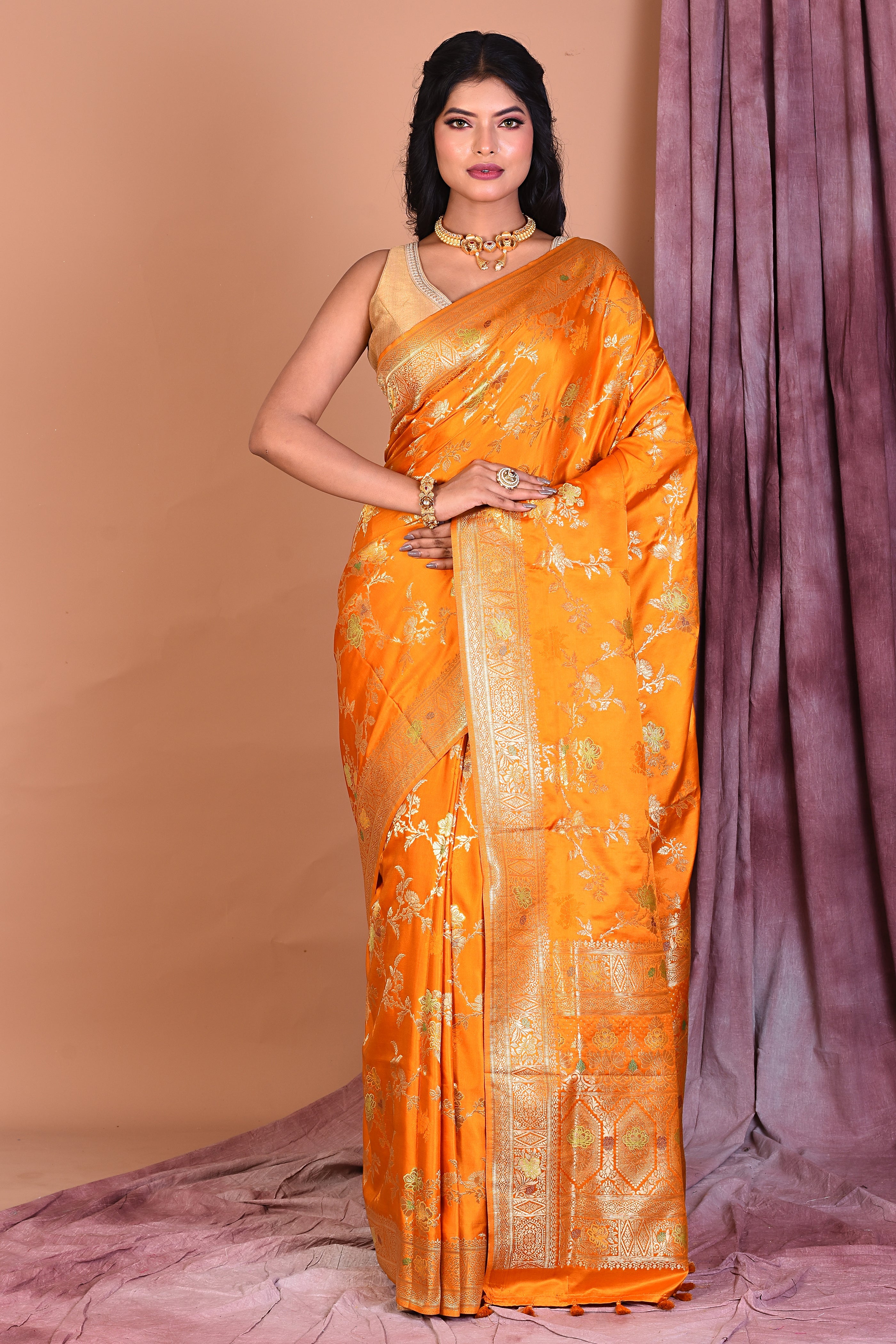 Yellow Satin Silk Saree with Golden Zari - Keya Seth Exclusive