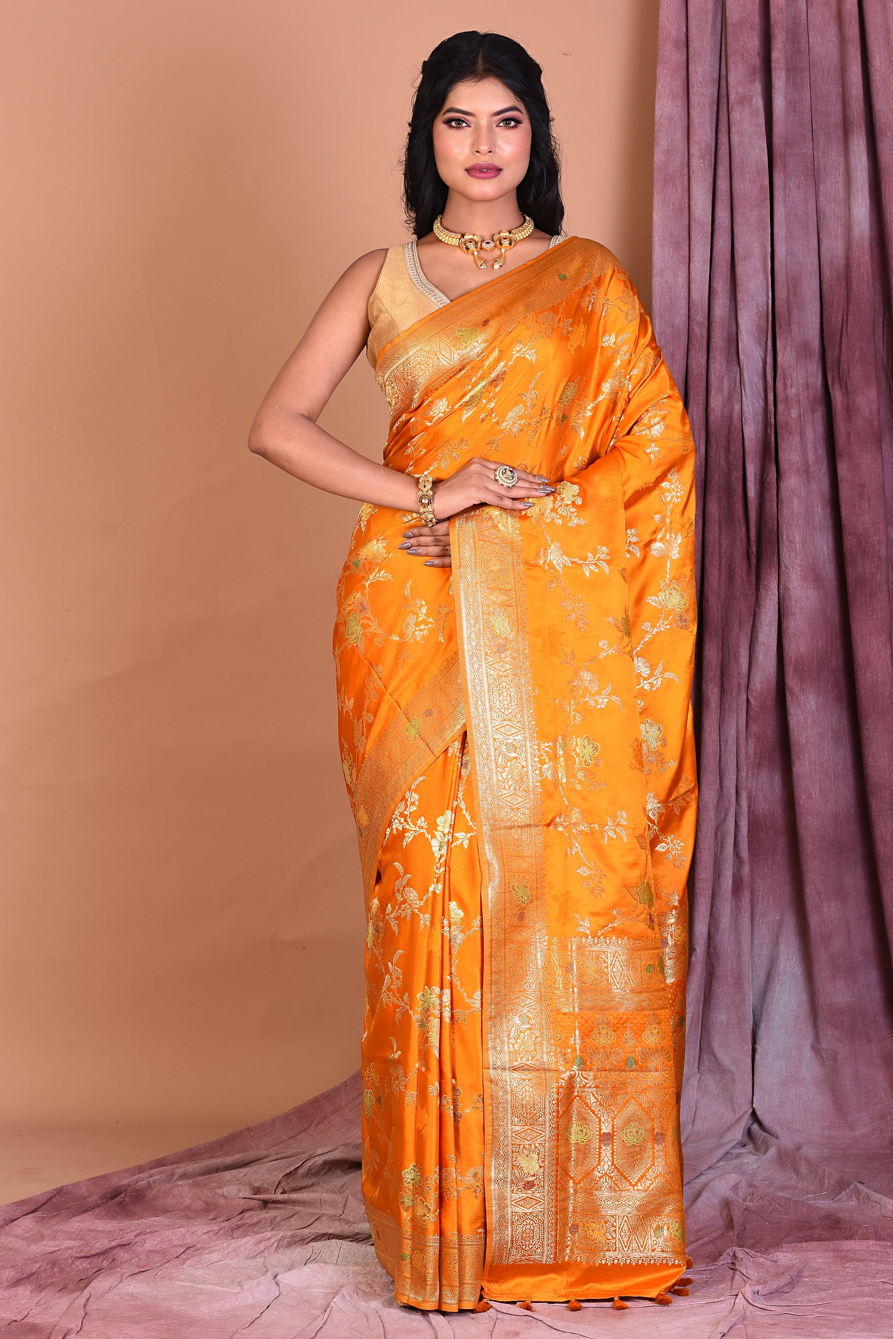 Yellow Satin Silk Saree with Golden Zari - Keya Seth Exclusive