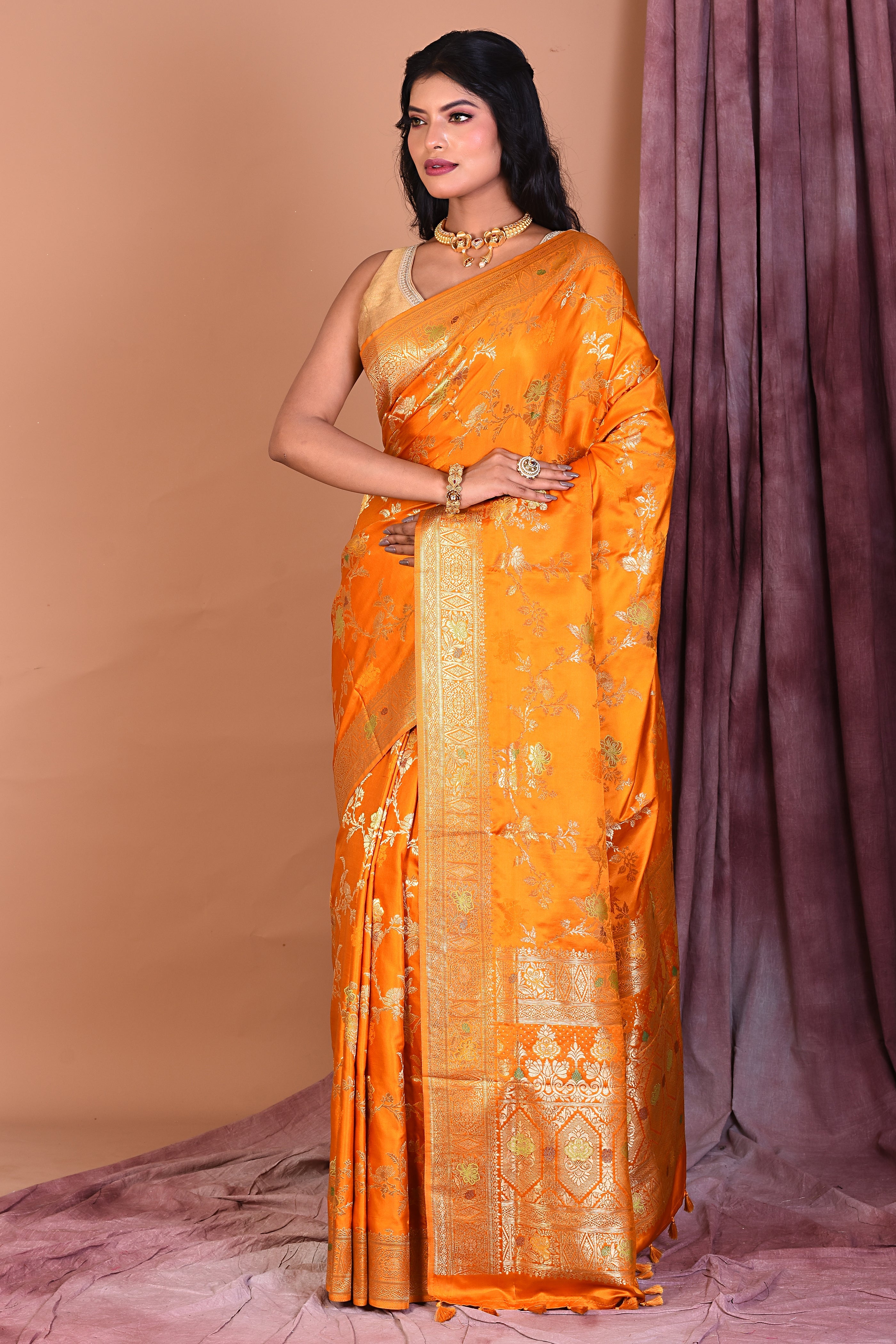 Yellow Satin Silk Saree with Golden Zari - Keya Seth Exclusive