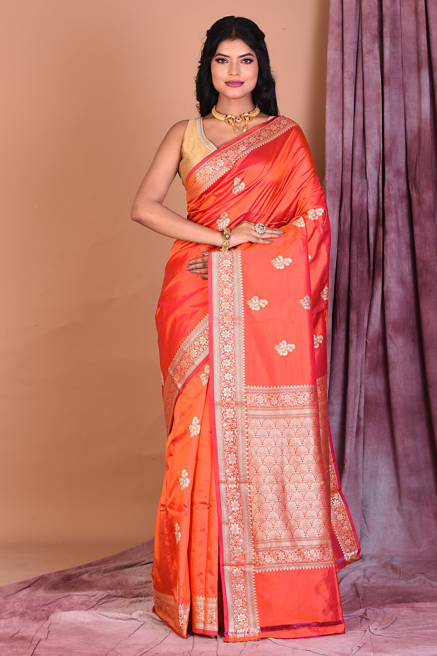 Orange Pure Katan Saree with Golden Zari - Keya Seth Exclusive