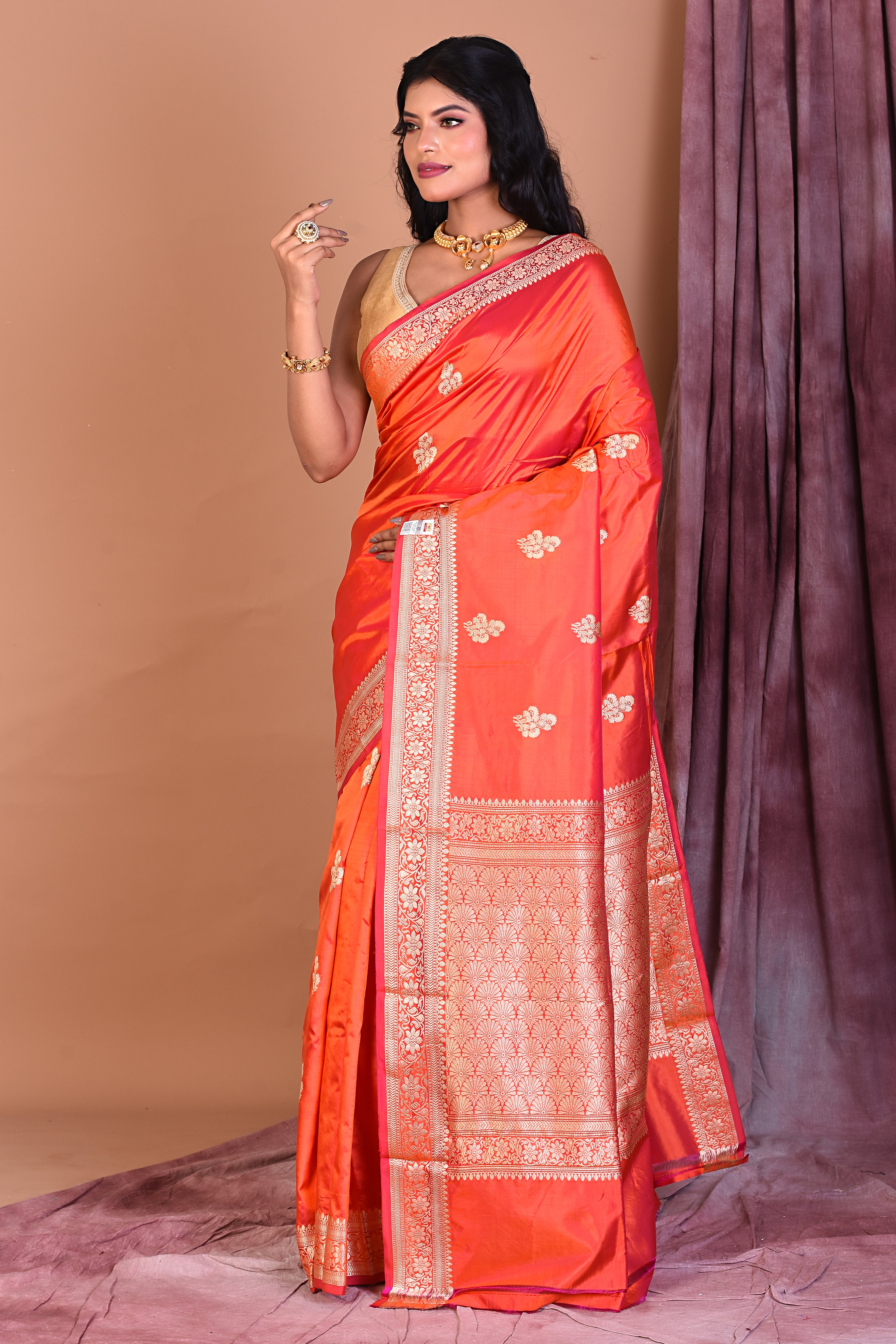 Orange Pure Katan Saree with Golden Zari - Keya Seth Exclusive