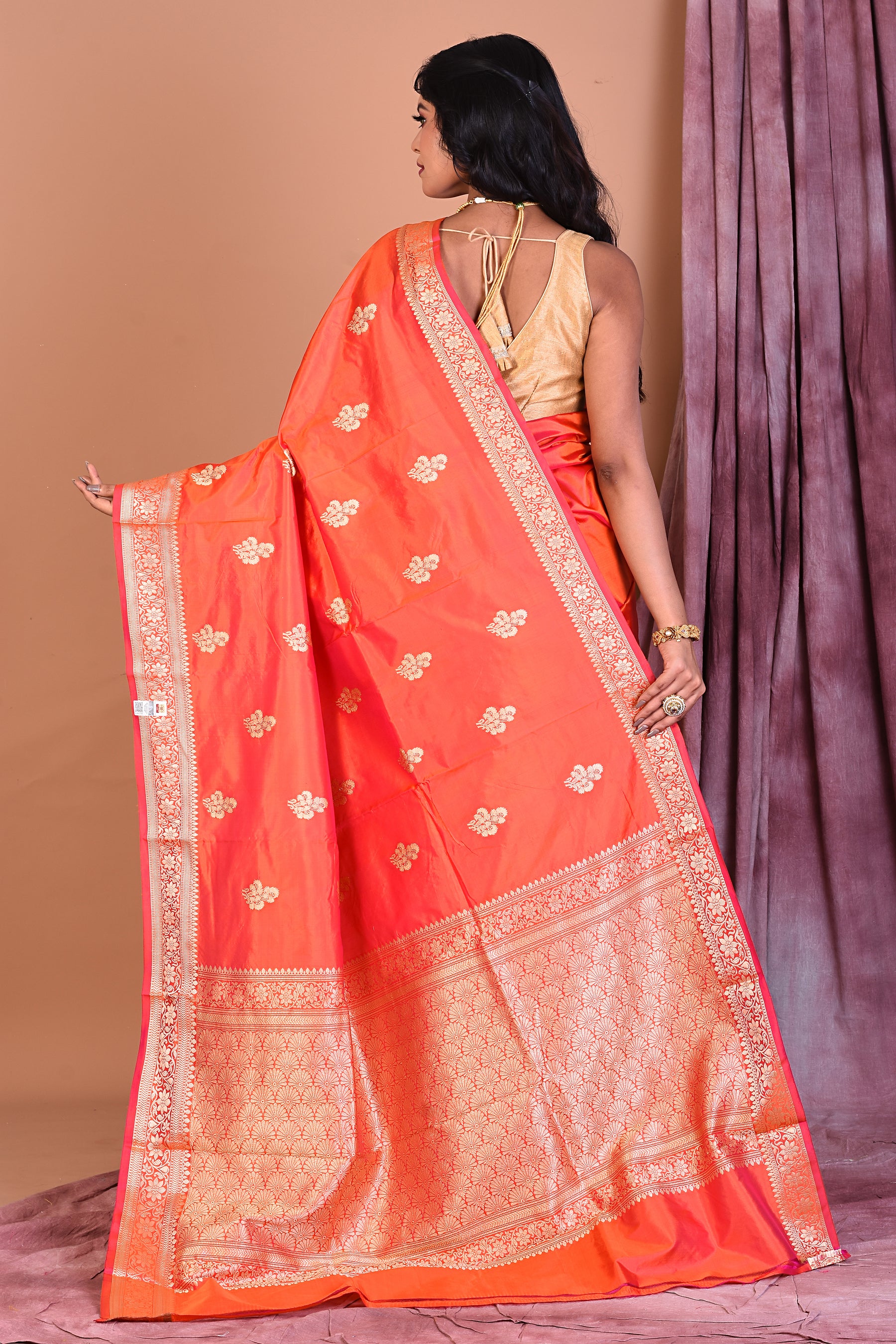 Orange Pure Katan Saree with Golden Zari - Keya Seth Exclusive