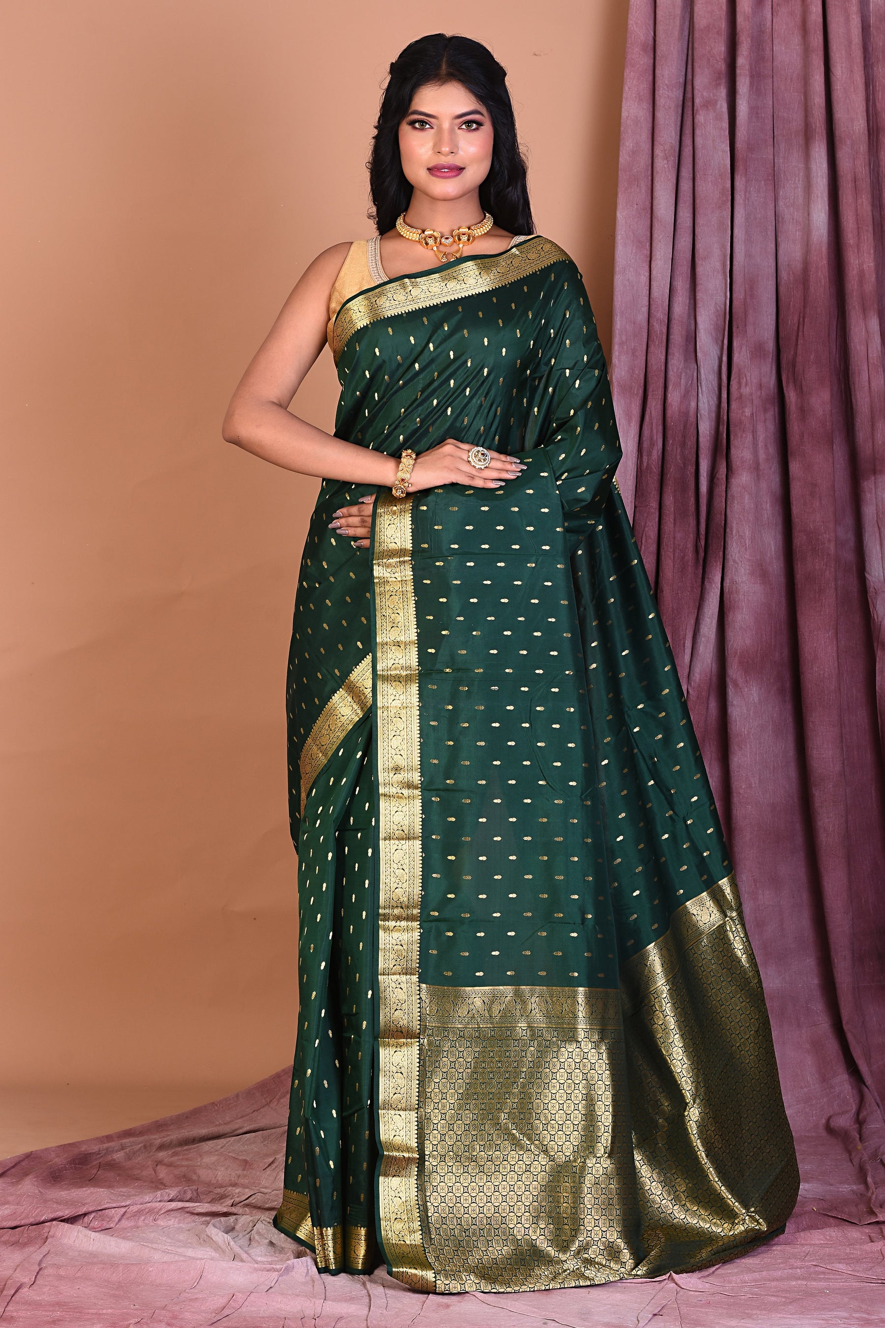 Bottle Green Pure Kanjivaram Saree with Golden Zari - Keya Seth Exclusive